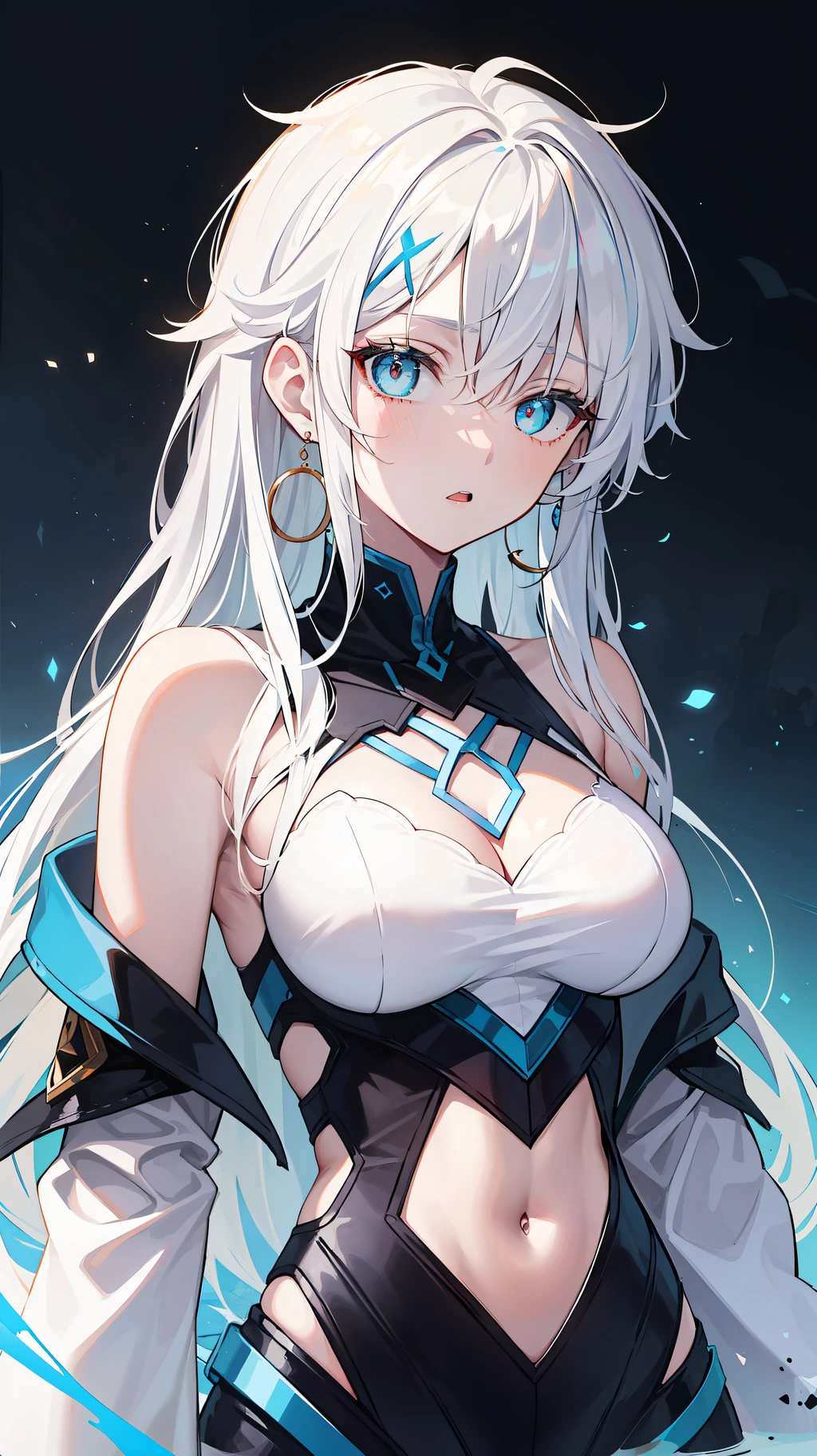 The background orange is interlaced with blue,The girl with long, straight white hair turned her back to the camera and half turned to look at the camera,Round earrings,Kazilan's eyes widened,Messy hair,Blue pupil,The chest is slightly larger,Show some shoulders,The expression was a little surprised,The skin is white and smooth,