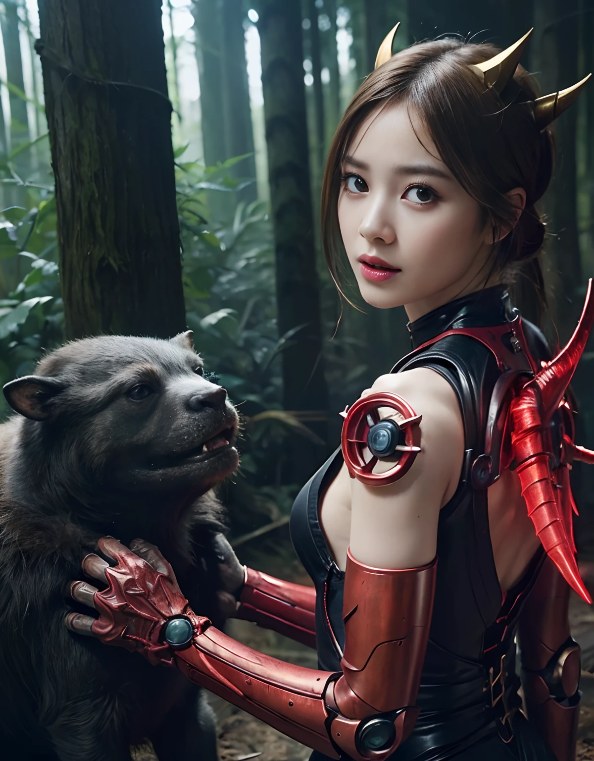 (1 Mechanical Girl)、top-quality、masterpiece、超A high resolution、(Photorealsitic:1.4)、Raw photo、女の子1人、Fight mutants、glowy skin、(((1 Mechanical Girl)))、With a beautiful knife、(Yellow Metal Bodysuit)、(Kobold、ogre、Fierce battle with orcs),(Fight fiercely against aliens)、Fight fiercely、(beautiful forest background)、(Fighting Demonic Beasts)、(Small LED)、((super realistic details))、portlate、(Strong giant demon beast background),globalillumination、Shadow、octan render、8K、ultrasharp、Colossal tits、Raw skin is exposed in cleavage、metals、Details of complex ornaments、Japan details、highly intricate detail、Realistic light、(Mystical expression),CGSoation Trends、Red Eyes、radiant eyes、Facing the camera、neon details、(Mechanical limbs)、(blood vessels connected to tubes)、Mechanical vertebrae attached to the back、mechanical cervical attaching to neck、(Wires and cables connecting to the head)、Gundam、Small LED、,Mechanical thighs、Toostock、(Hands are also made of machines)、(Attack of the Monster Beasts)、(Wounded in a deadly battle)、