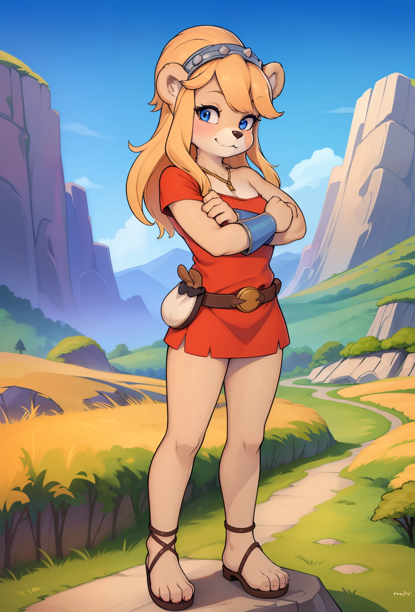 ursa_barbic, gummi_bears, bear, female, short stack, blonde hair, medium breasts, red clothing, dress, off shoulder, helmet, bracers, belt, belt pouch, looking_at_viewer, happy, narrowed eyes, masterpiece, best quality, forest, field, clear sky, :3, sassy face, anime style, detailed body fur, detailed face, detailed eyes, glistering body, shiny body, skinny, paws whit three toes, sandals, standing,