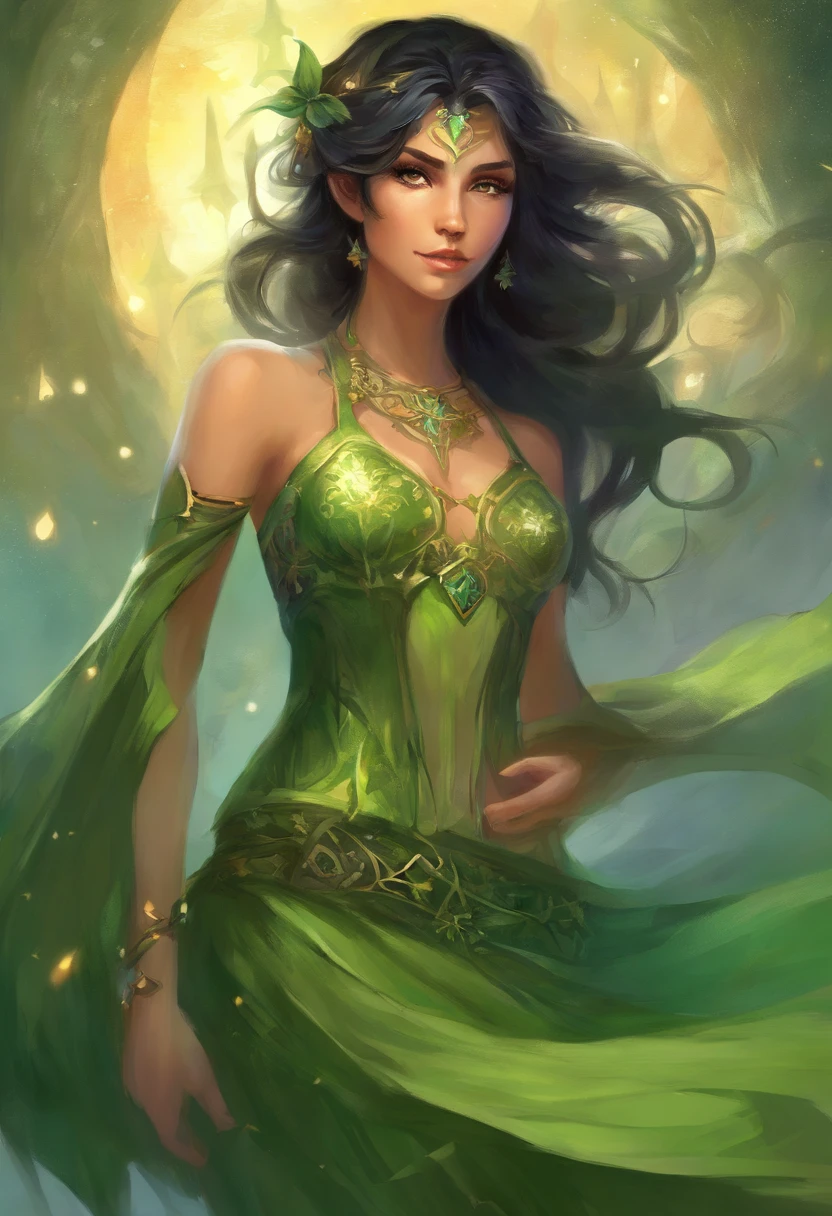 female elf, short black hair, green skirt, frilly green halter top, navel, full body, bare feet, hand on hip