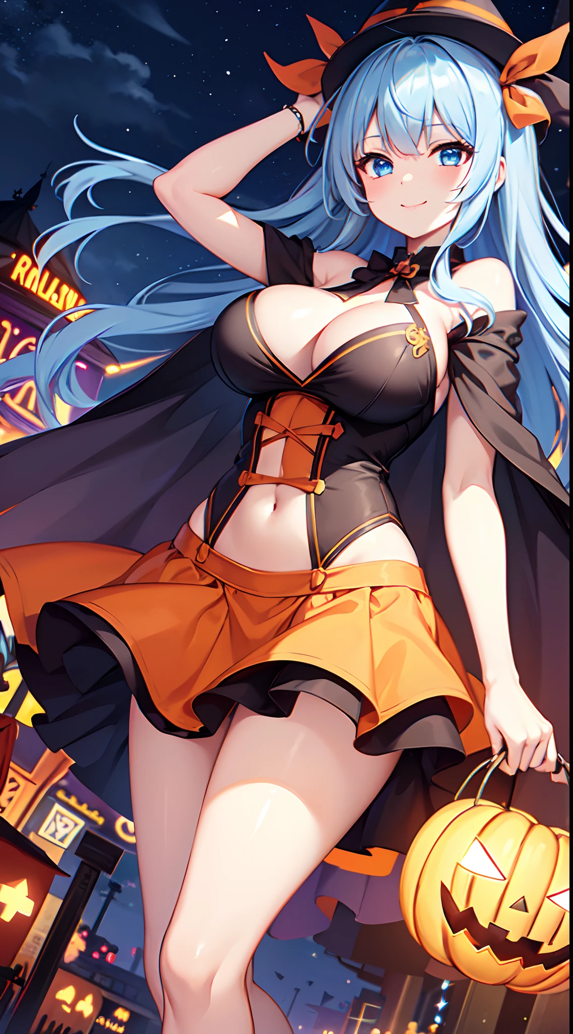 1 girl, game CG, orange mini dress, visible cleavage, visible shoulders, visible navel, orange short skirt, black witch hat, cloak, string hair ribbon, gigantic breasts, light blue hair, middle hair, two side up, blue eyes, Smile, one arm raised, night, amusement park, Halloween background,