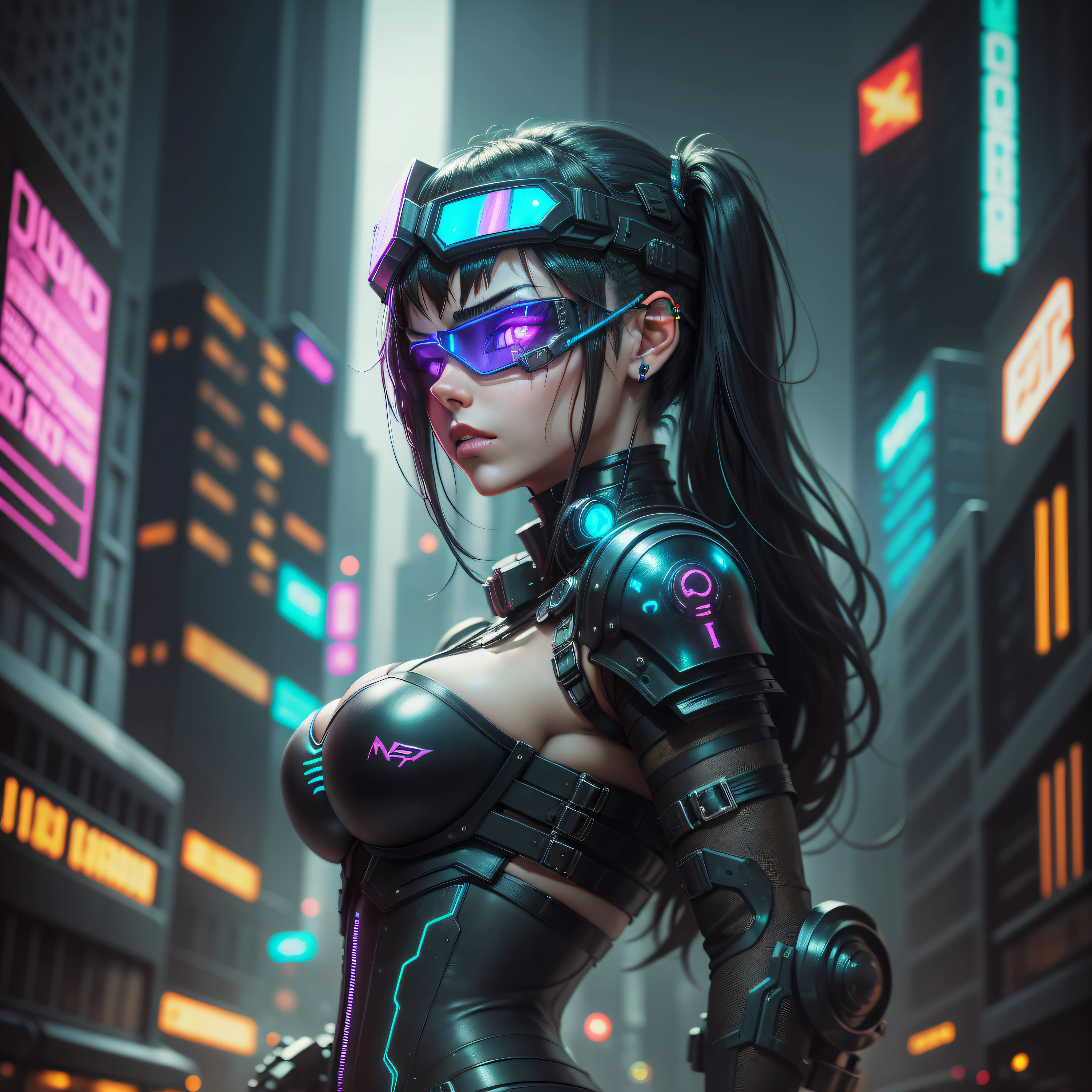 beautiful cyberpunk girl in black bikini armor, wearing a head mounted display, in dark city at night, neo lights, holograms, futuristic background, intricate details, angry beauty goddess, sensual, appealing,  cybernoir, tech noir, neo futurism