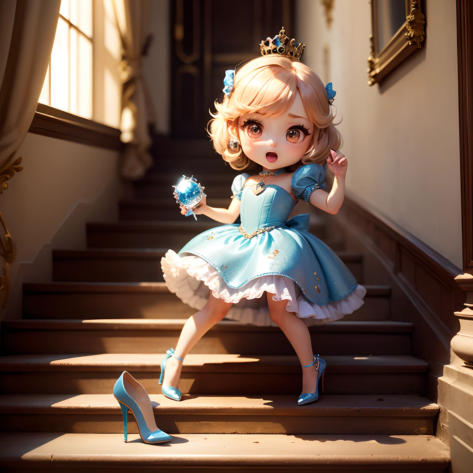 masterpiece、top-quality、ultra-detailliert、(Chibi Cinderella:1.2)、(Chibi Prince:1.2)、Stairs of the French Royal Palace、12 o'clock position、run、(Glass high heels throw away:1.3)