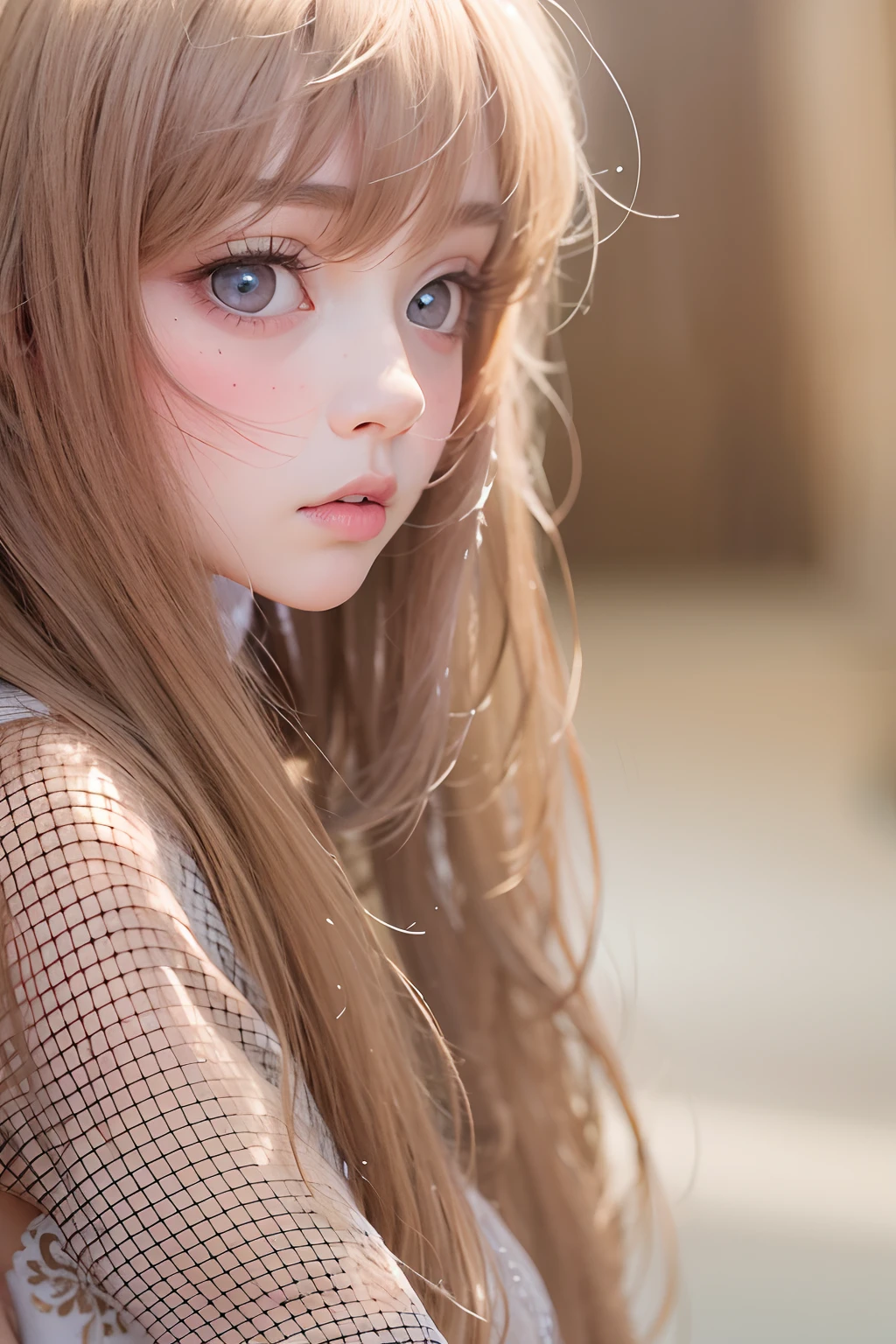 s girl, long hair, large eyes. half body shot.