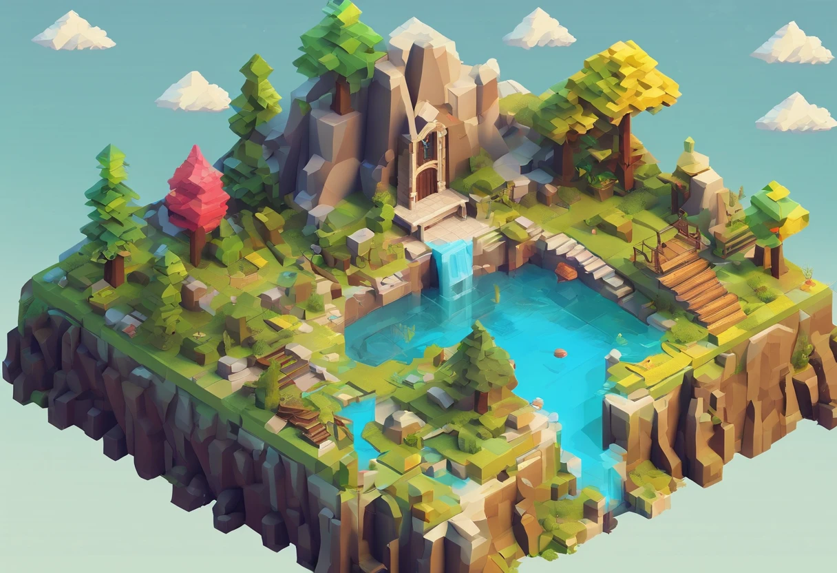 (Best quality, fantasy, isometry, voxels art:1.2), Absurd, tree, stone wall, (dinosaurs:1.1)，Full ground，