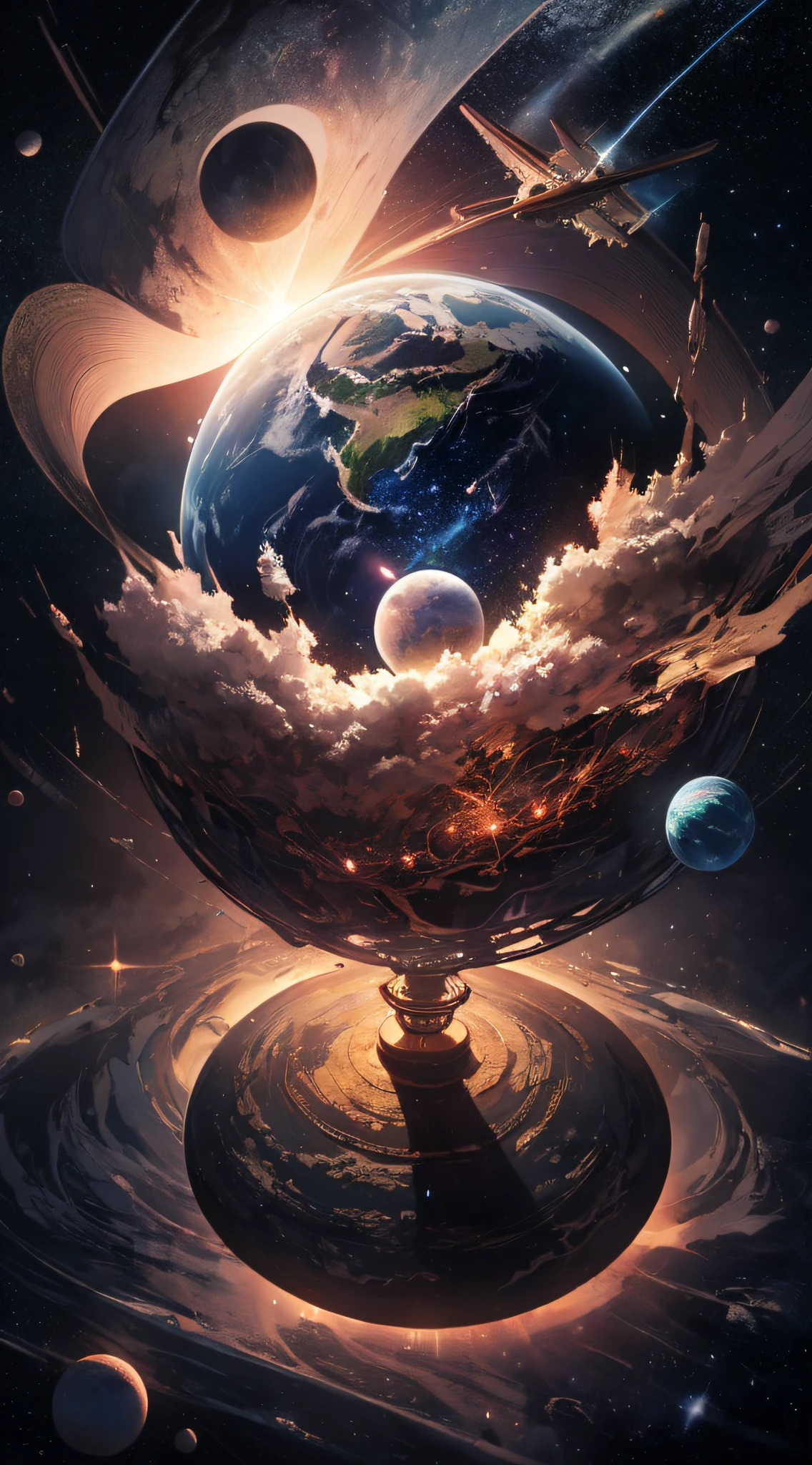top-quality、Top image quality、masterpiece、masutepiece、Elaborate design、visualart、high contract、The best lighting、highestdetailed、Beautiful Universe、Broken Earth、spaceships、black hole、Beautiful outer space、