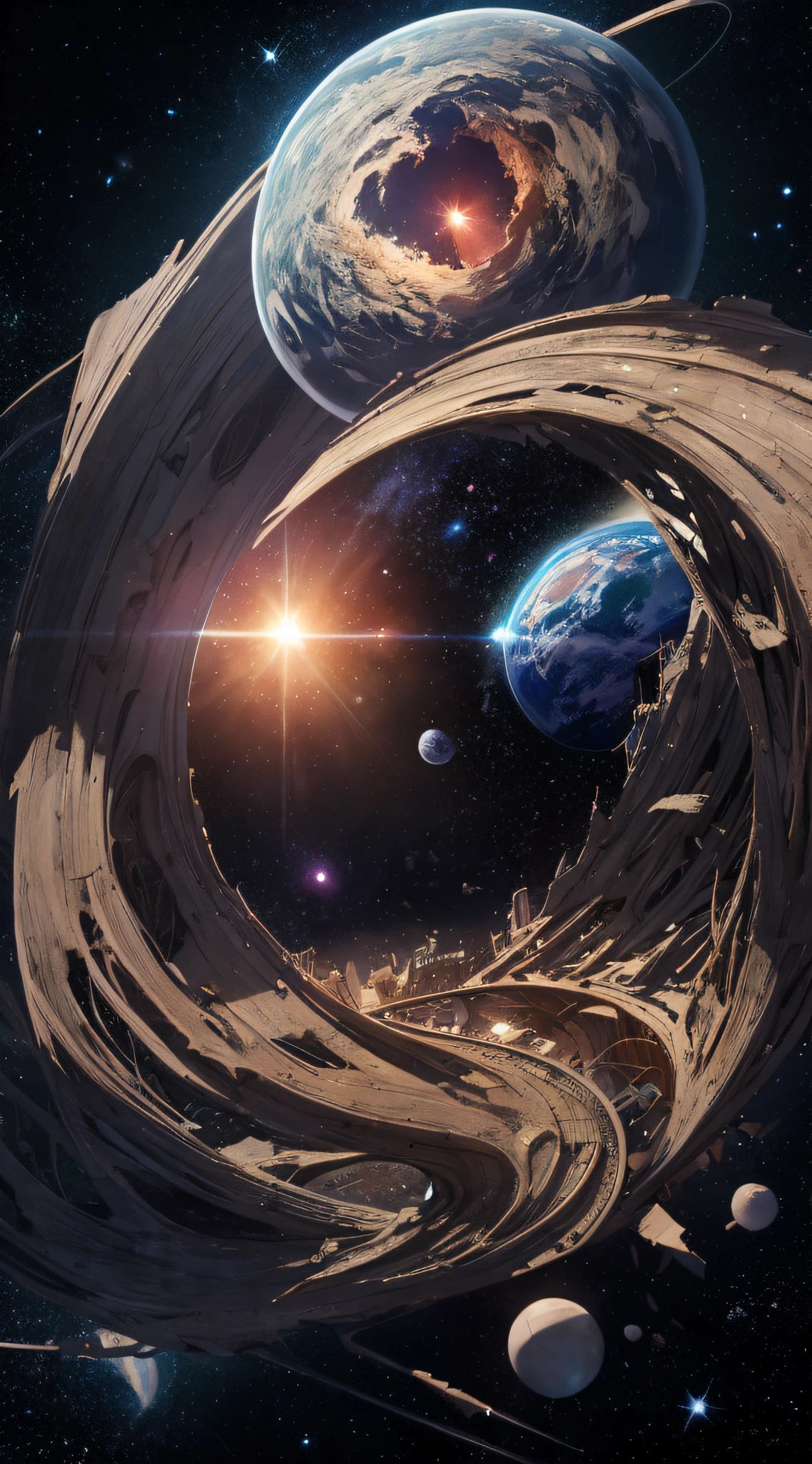 top-quality、Top image quality、masterpiece、masutepiece、Elaborate design、visualart、high contract、The best lighting、highestdetailed、Beautiful Universe、Broken Earth、spaceships、black hole、Beautiful outer space、