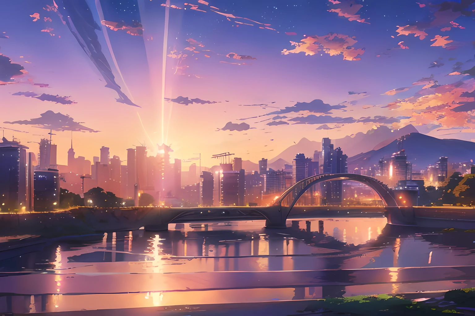 araffe bridge over a river with a ((modern city)) at ((sunny morning)) with many clouds in the background of mountain, beautiful cityscape, super wide view of a cityscape, city in background, south korea, city backdrop, city in the background, daytime, clouds, city scape, city in backround, mountain in background, pixiv, hd anime cityscape, anime style cityscape, anime scenery concept art, beautiful anime scene, anime art wallpaper 4k, anime art wallpaper 4 k, beautiful anime scenery, anime background art, anime scenery, anime landscape, anime background, painterly, trending in pixiv, award winning, best quality, masterpiece, hd, high resolution, stunning