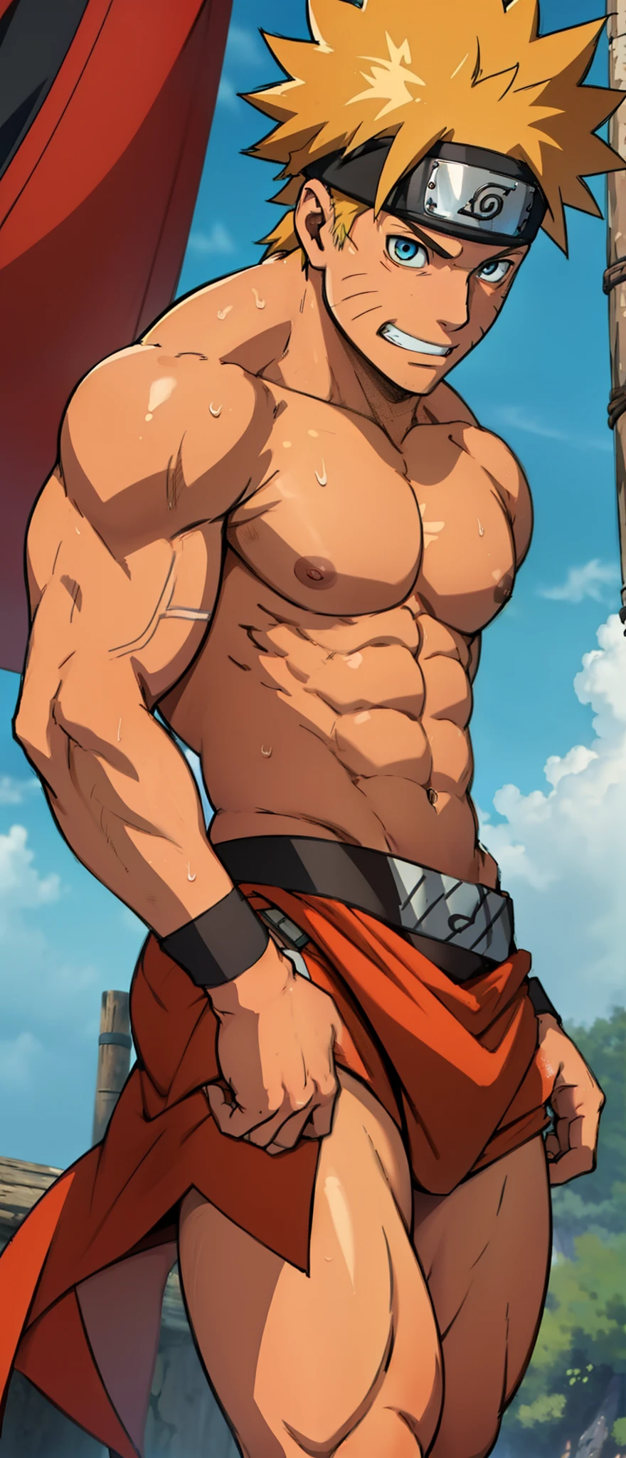 (Full body) (photo subject: Close-up of muscular thigh muscles ) (photo angle from bottom up)(Drawings of Naruto anime) (photo angle from the ground upwards) [Anime photo][highest quality photo][4k,HD photo quality ] wear tight and short loincloths  ,the loincloth bulges due to the erect male genitals (muscular thigh muscles, firm thigh muscles, muscular thigh muscles, sinewy thigh muscles, giant thigh muscles, strong leg muscles, muscular hamstring leg muscles) ,Uzumaki Naruto fun, happy,bodybuilder,bodybuilding, standing, red skin, pink skin, tanned skin,reddish brown skin, lots of sweat flowing down, topless, shirtless, hot sunny, (do not wear banners,do not wear headbands) blue eyes, 8 pack abs