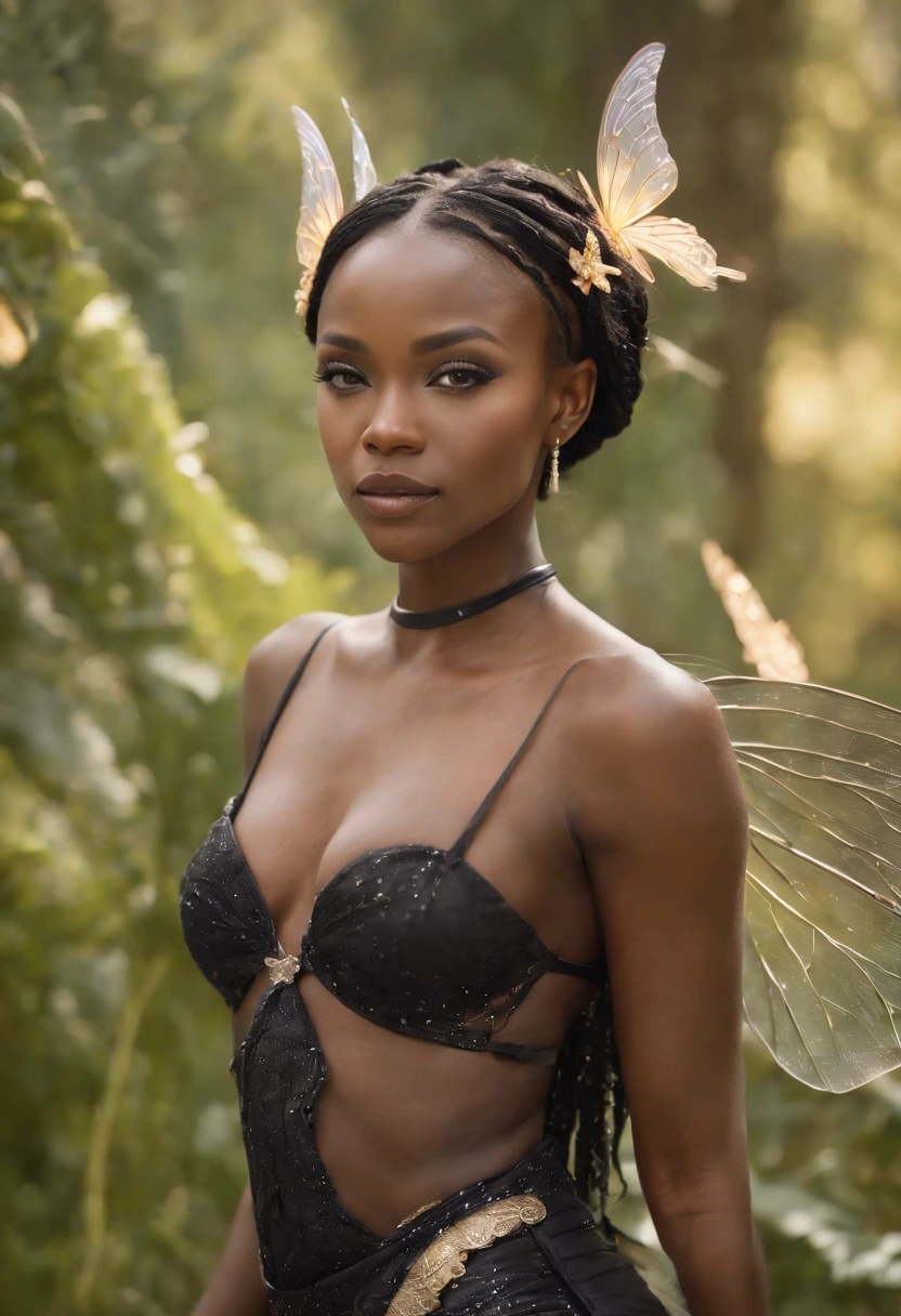 "1 beautiful black fairy woman cyber punk with African ethnicity. A stunning, ethereal depiction of a mesmerizing Flower Fairy in a fantasy realm.Close up,Flower fairy,crystal fairy, shiny butterfly wings,crystal blossom flower,
fantasy, galaxy, transparent,
shimmering, sparkling, splendid, colorful,
magical photography, dramatic lighting, photo realism, ultra-detailed, 4k, High-resolution