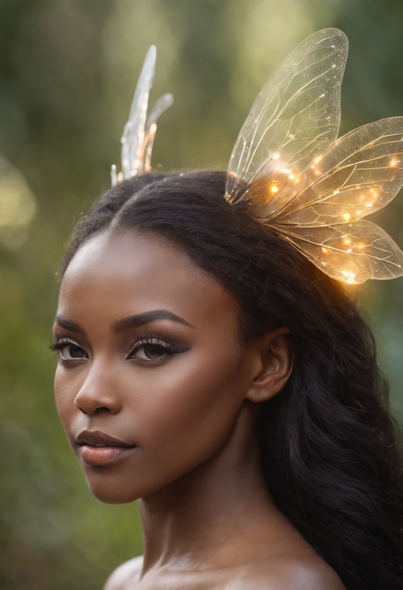 "1 beautiful black fairy woman cyber punk with African ethnicity. A stunning, ethereal depiction of a mesmerizing Flower Fairy in a fantasy realm.Close up,Flower fairy,crystal fairy, shiny butterfly wings,crystal blossom flower,
fantasy, galaxy, transparent,
shimmering, sparkling, splendid, colorful,
magical photography, dramatic lighting, photo realism, ultra-detailed, 4k, High-resolution