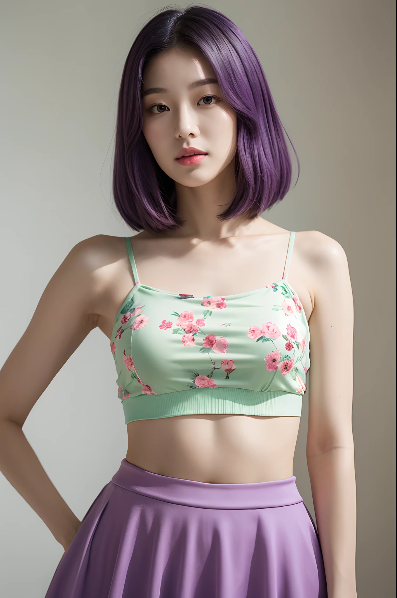 a woman in a floral crop top and mint skirt posing for a picture, croptop, crop top, bralette, wearing white camisole, bae suzy, wearing a camisole, physical : tinyest midriff ever, gorgeous young korean woman, heonhwa choe, cutecore, lulu chen, reluvy5213, light purple hair