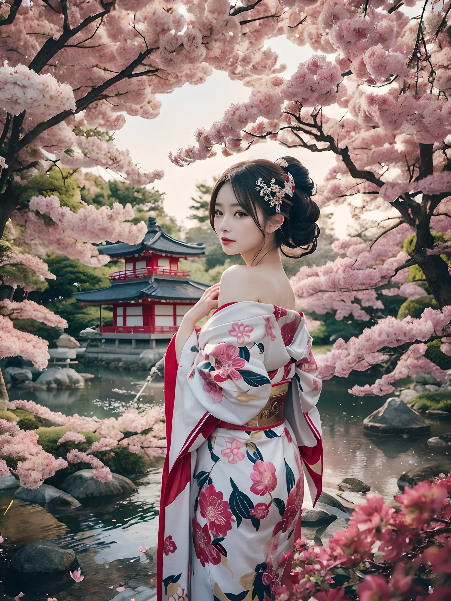 In a futuristic scene, Geisha in Japan with mechanical reinforcement、Elegant in elaborate gardens. She has beautifully detailed eyes and lips that complement her face. Geishas wear traditional kimonos with intricate patterns and designs. Around her are bright cherry trees and a quiet carp pond. The scene is painted with a blend of illustration and photorealism, Ultra-detailed brush strokes and clarity, Vivid colors. Lighting emphasizes the elegant features of the geisha, Gives her porcelain skin a soft glow. Artwork is of the highest quality, 4K or 8K resolution, Showcase the intricate details of geisha attire, cherry trees, And the shimmering scales of carp. The overall color scheme is、It is a combination of traditional shades of Japan, Crimson, etc., blacks, and subtle gold accents, With a futuristic twist. The fusion of ancient traditions and modern technology is、Create captivating and visually striking masterpieces.（shoulders are exposed）, Chest is visible、You can see the valley、are visible、Shoulders exposed、Chest revealed、(Off-shoulder style)