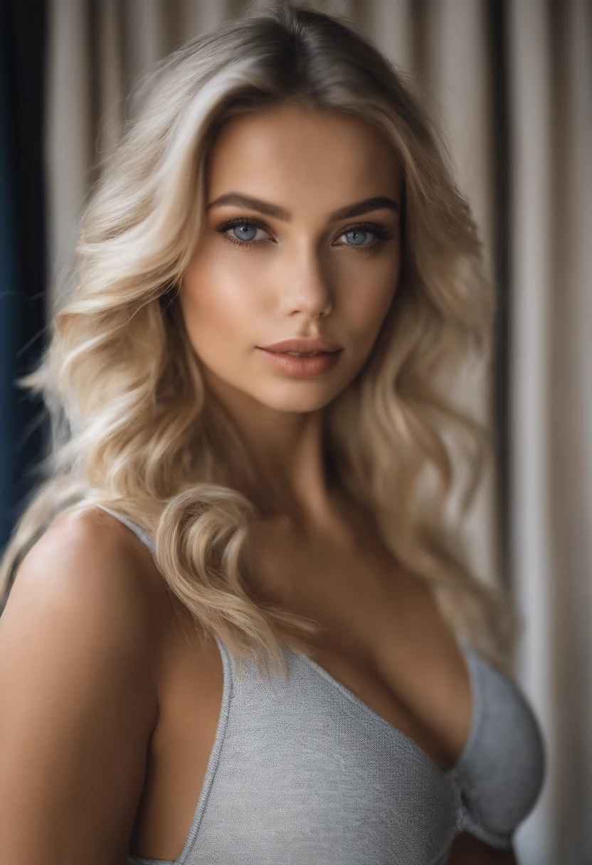 woman with matching tank top and panties, fille sexy aux yeux bleus, Portrait Sophie Mudd, Portrait de Corinna Kopf, cheveux blonds et grands yeux, selfie of a young woman, ohne Maquillage, maquillage naturel, Look directly into the camera, Visage avec Artgram, dezentes Maquillage, Superbe photo du corps entier, dans la chambre, very large round breasts, Blonde