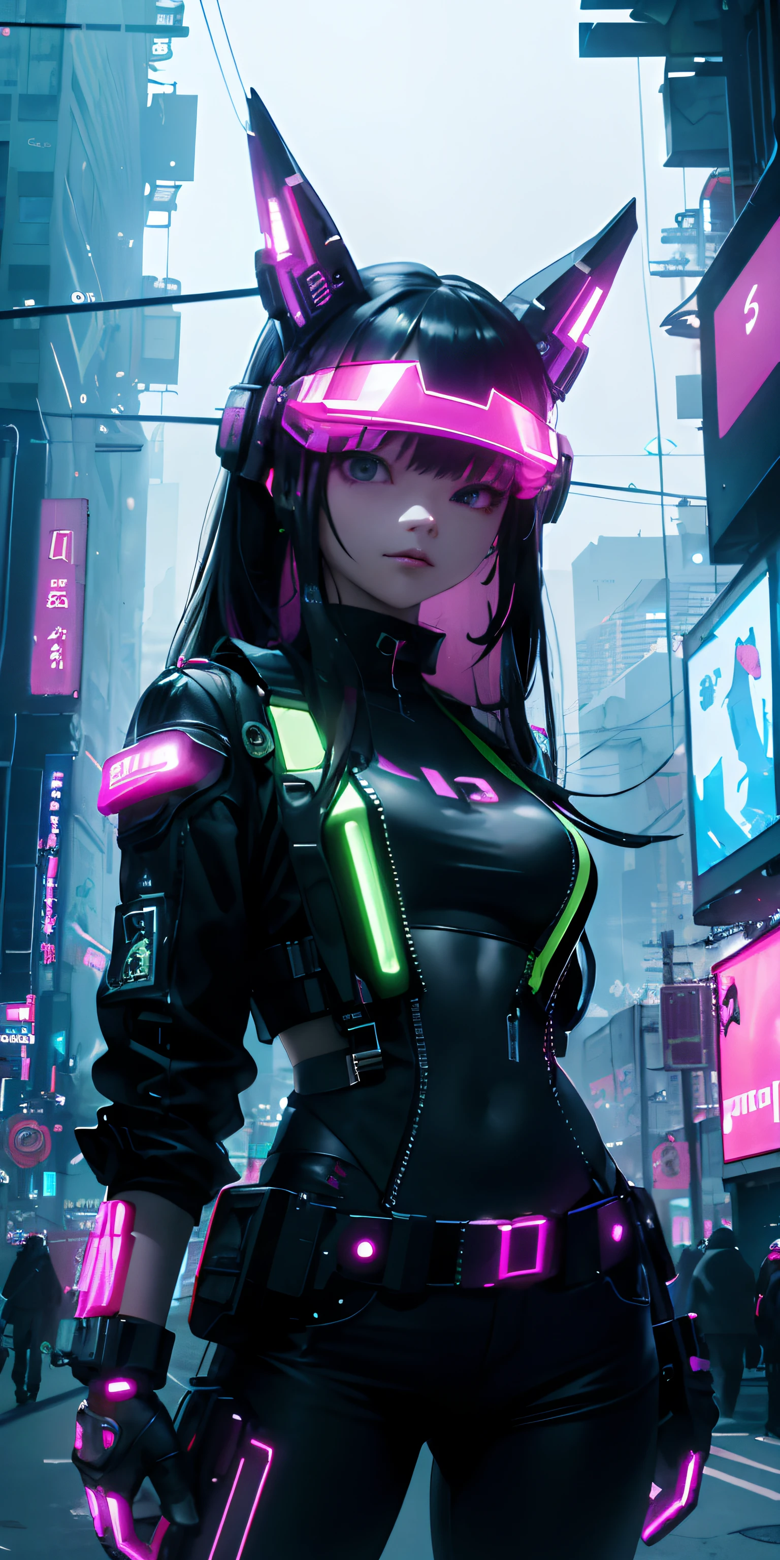 top-quality))、((​masterpiece)、cyberpunked、Electronic visor attached to the face of a 12-year-old girl、Cyberpunk Fashion、Sexy Posing、Breasts a little bigger、Neon lights in the city at night