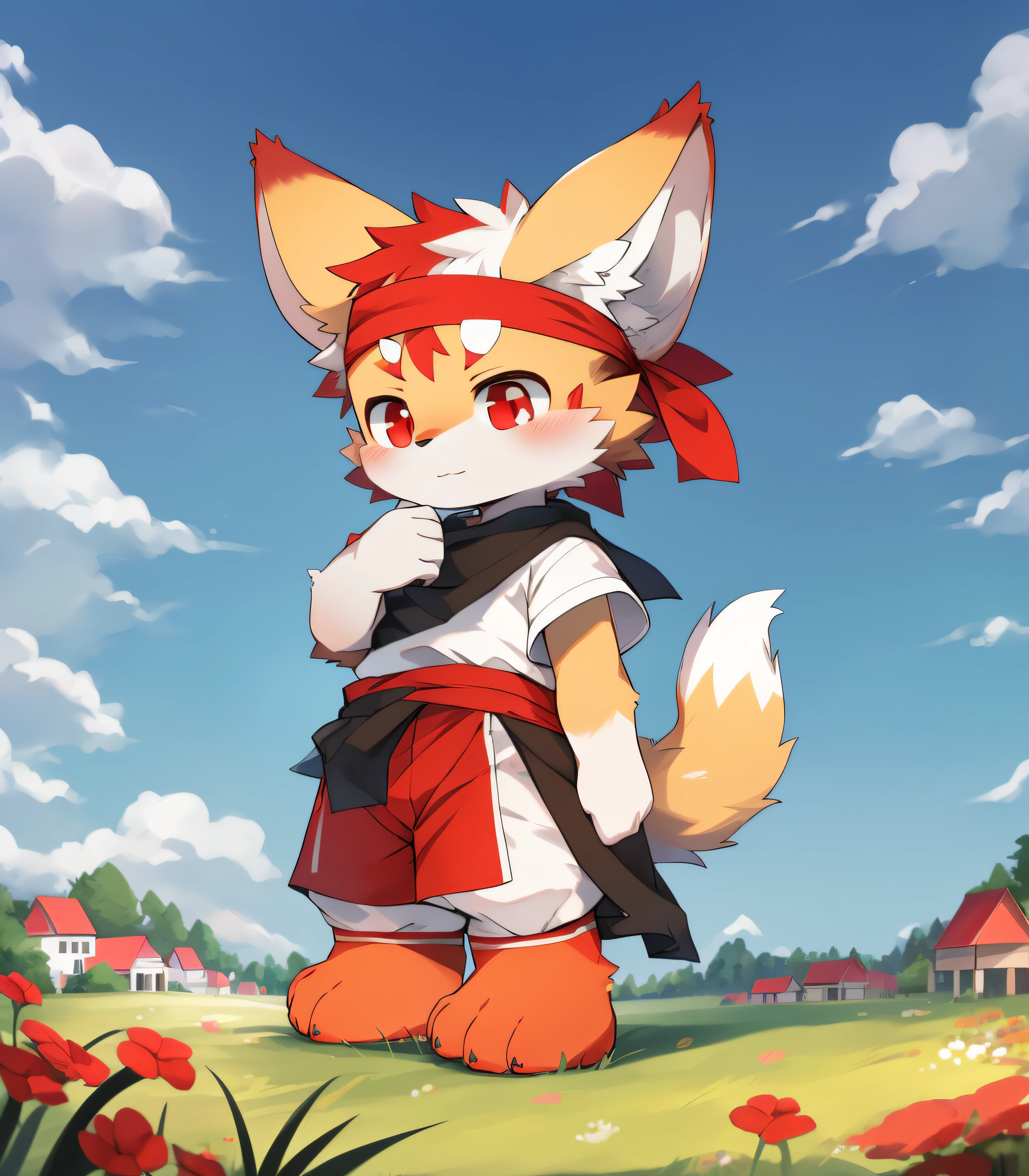 Red fur，Bright red fur，Bright red skin，Beast too，Orc  boy，grassy fields，lawns，standing on your feet，Attention，blue-sky，shaggy，shaggy，Bright red fur，Bright red fur，Bright red fur，Bright red fur，Vivid red fur，male people，canid，adolable，adolable，adolable，solo person，Detailed fur，Red eyes，Thick eyebrows，Fluffy tail，white short sleeve，short white pants，ultra - detailed：1.0，Libido boy，toddle，toddlersoddlers，Cldren，children's，Gamine，Beast too，Beast too，Beast too，adolable，adolable，Shota（Via Dagasi：1.1），anatomy correct，Barefoot，The barefoot，Barefoot，Barefoot，Barefoot，standing on your feet，Attention，bald-headed，lawns，grassy fields，On the lawn，on a grassy field，Step on the grass，Step on the grass，Step on the lawn，bald-headed，balding，balding，Bright red feet，Bright red feet，Bright red feet，Bright red feet，Trampled grass，Trampled grass，Stand on the lawn，standing in grassy field，Stand on the lawn，red waistband，Red headband，Blood，A child with aous expression，Very shiny red fur