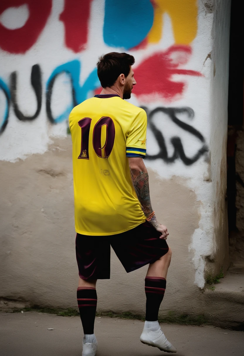 Lionel Messi, soccer player, paints the wall with graffiti and writes the word dick