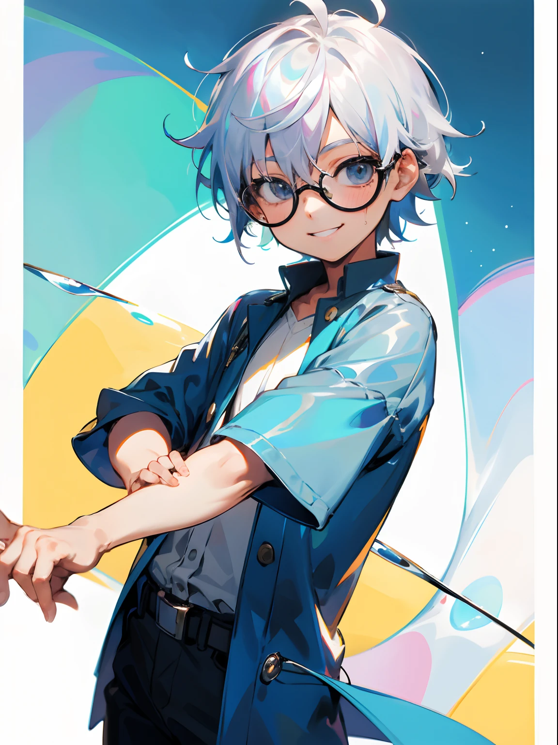 Male child, eye glasses,Cowboy Shots,A smile, silber hair，Daytime，Iridescent background，