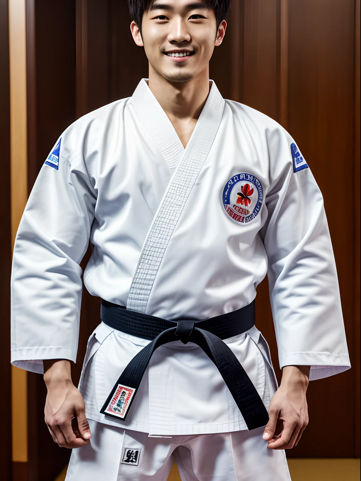 Masterpiece, hd, realistic, 1man, 25 y.o, Japanese-korean man, Russian, korea, mix race, wear white karate clothes, karate professional , light smile, upper body