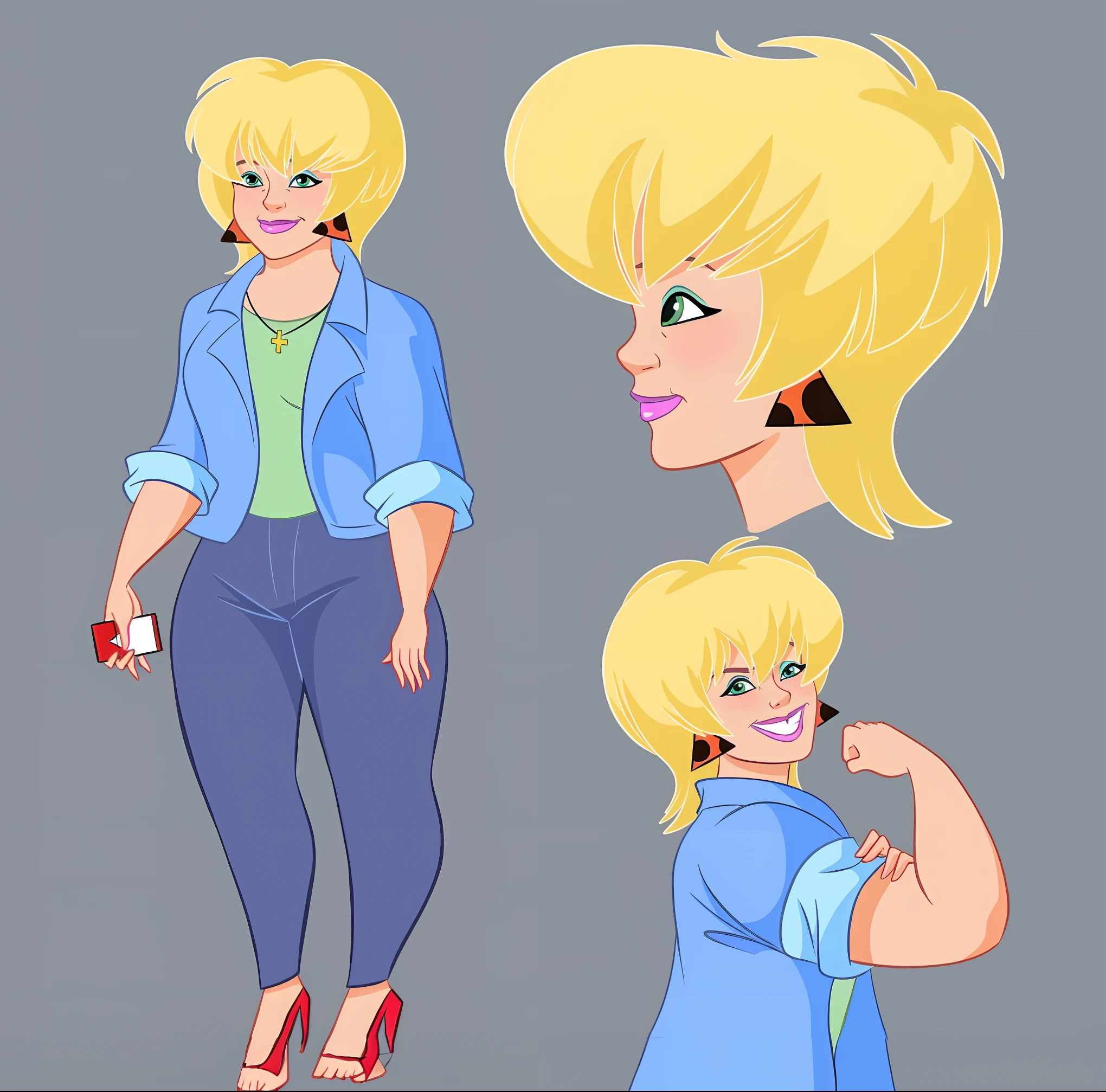 Frau mit kurzen blonden Haaren und blauem Hemd und Jeans, kurzes Haar.