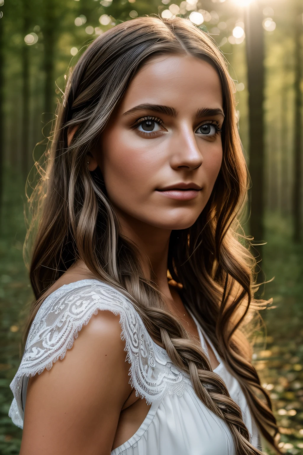 Natural photography of a beautiful girl, Tragen eines lockeren Crop-Tops, sich vorbeugen, langes, flowy hair, small bust, Sperrt die Augen in die Kamera, Symmetrische Augen, symmetrisches Gesicht, fotorealistisch, Fotografie, Pfadverfolgung, roter Bandana, Spiegelnde Beleuchtung, Volumetrisches Gesichtslicht, Pfad nachgezeichnetes Haar, Sichtbare Schatten, kompliziert, Aufwendig