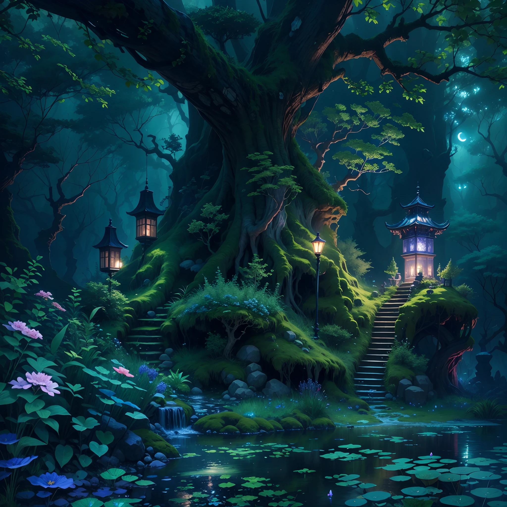 an enchanted forest,The color of the scene（Vibrant and ethereal），shades（blue colors、purpleish color、green color）Dominant，It gives an otherworldly feeling。Moonlight is cast throughout the scene（Silver glow），Forest Castle，fresh flowers,small stream,Woodland creatures,Enhanced the magical atmosphere。Highlight the mysterious atmosphere。