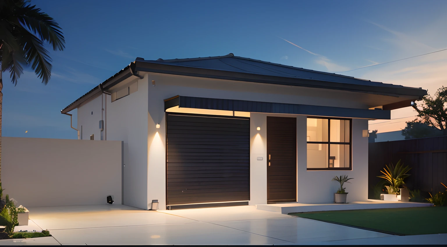 There is a small house with a large front door and a small backyard, render 3d bem iluminado, high-quality render, night time render, professional render, render to resolute perfection, architectural 3 d render, highly photographic render, award winning render, photorealistic 3d render, photorealistic 3d render, 3 d render mesmo aceso, Photorealistic rendering