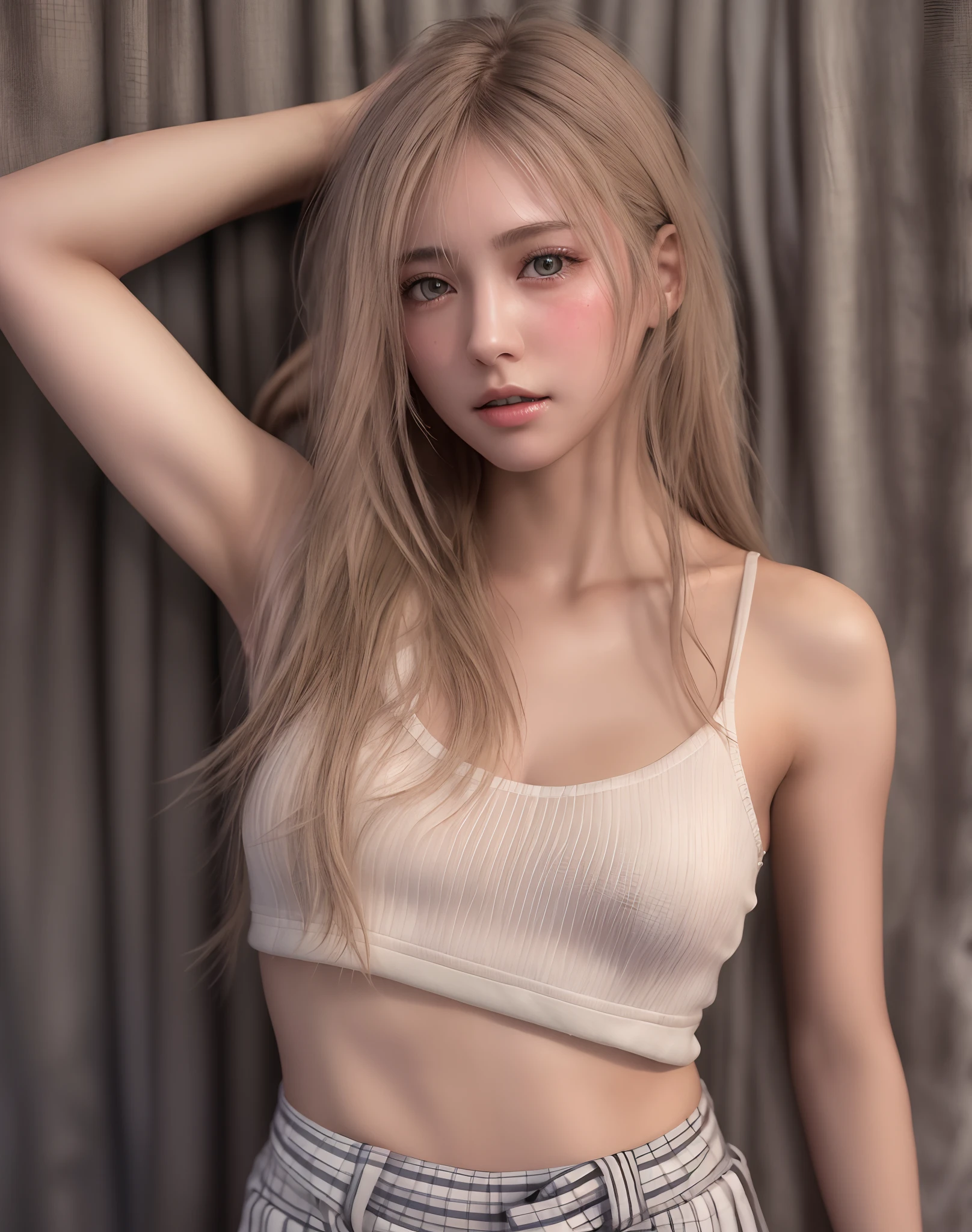 ((Top Quality, 8k, Masterpiece: 1.3)), solo, 1 girl, sexy,  Beautiful girl with accentuated slender abs: 1.4, (wavy hairstyle, flat breasts: 2.0),  Ultra detailed face, detailed eyes, double eyelids, Selfie, (body builder:1.5),(beautiful small hard nipple:1.3),(white microbikini without bra-pad:1.1),(spread legs:1.2),on the bed,(shiny skin:1.2),(muscle arm:1.3),(muscle leg:1.3),(lie down:0.8),(blonde hair:1.5),(seen nipple head:1.0),wet panty,necklace,s(quat pose:1.3),