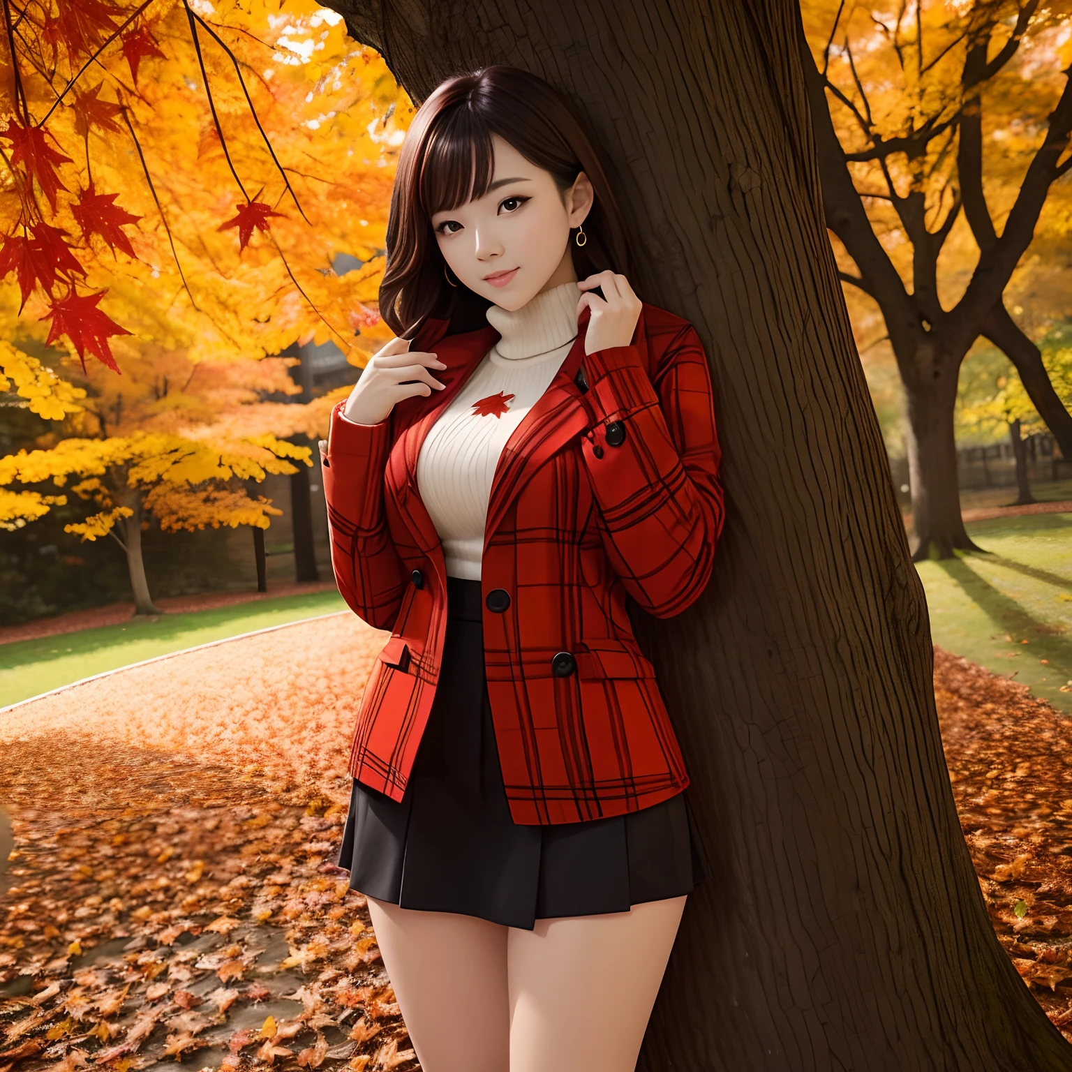 A tree with autumn leaves holding maple leaves with bright red leaves in their hands々Young woman in autumn clothes looking at, giga_busty, full body shot