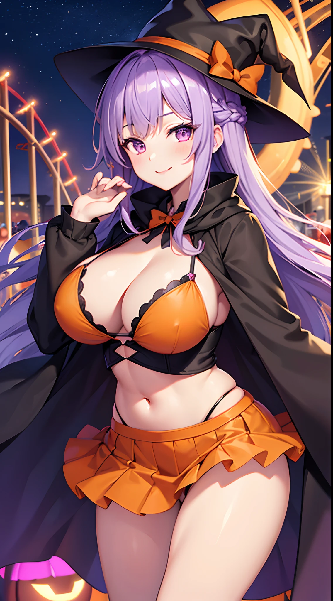 1 girl, game CG, orange bikini, orange short skirt, black witch hat, cloak, hair ribbon, gigantic breasts, light purple hair, long hair, french braid, purple eyes, smile, one arm raised, night, amusement park, Halloween background,