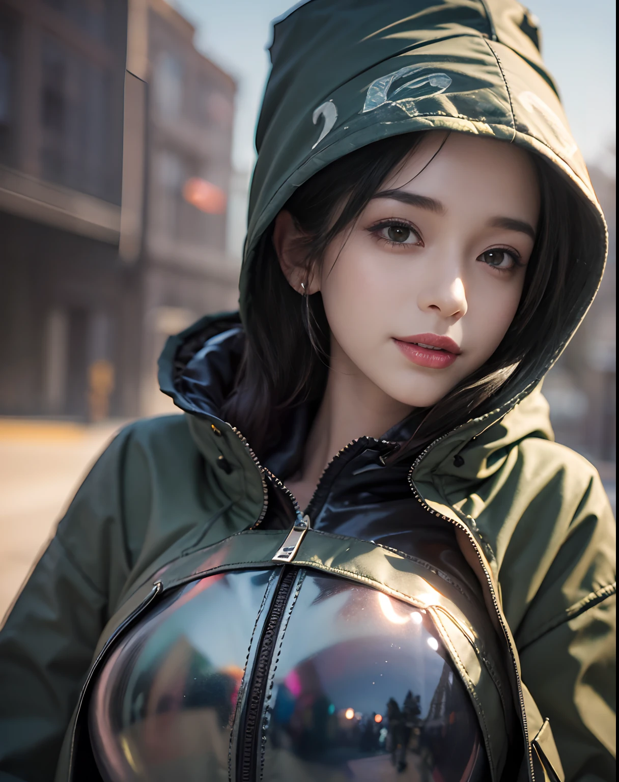 (big silhouette M51 FIELD parka:1.5), (shiny black tight high boots with stiletto:1.3), Best Quality:1.5, 8K, masutepiece:1.3, Crisp focus:1.2, Big breasts:1.4, Beautiful woman with perfect figure:1.4, oily skin:1.5 Highly detailed face and skin texture, Perfect face balance, Smile, beautiful studio soft light, Rim Light, vibrant detail, Hyper realistic, Octane Render, Photo realistic, in a beautiful park in winter