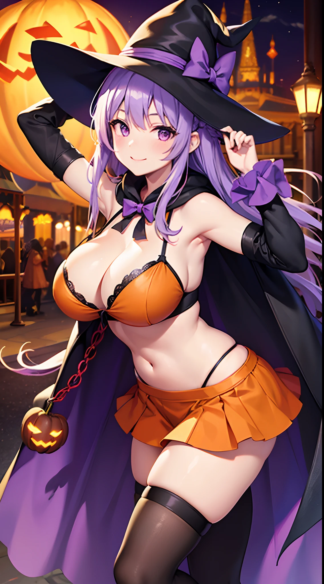 1 girl, game CG, orange bikini, orange short skirt, black witch hat, cloak, hair ribbon, gigantic breasts, light purple hair, long hair, french braid, purple eyes, smile, one arm raised, night, amusement park, Halloween background,