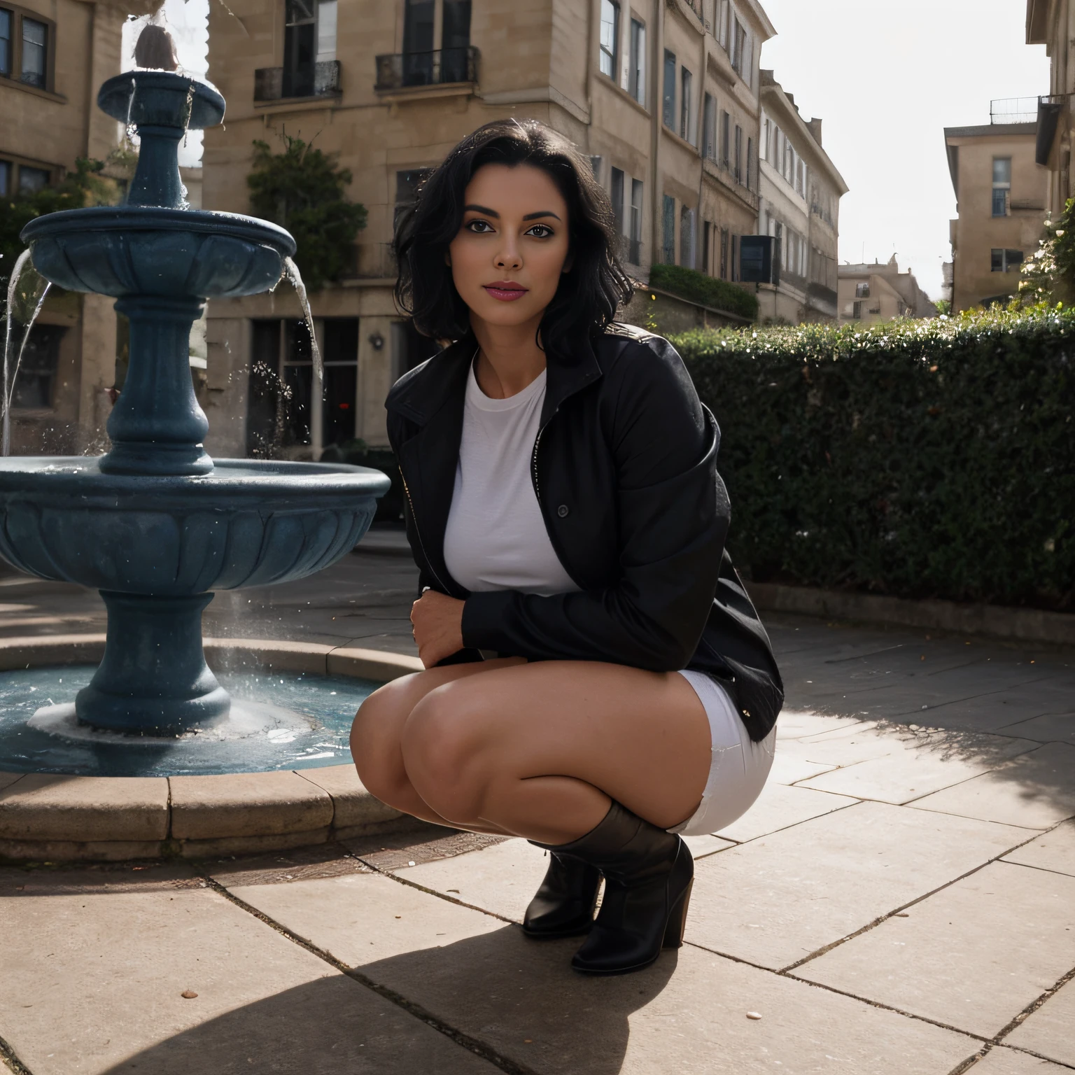 adult woman, detailed short messy black hair, full shot, muscular, solo, wearing regular white T-shirt, the round neck and loose-fitting silhouette sit just above the knee, black jacket street walk, knee-high black boots, large breasts, very dark tan supermodel, beautiful face, blue eyes, detailed body, perfect eyes, perfect face, daytime lighting, detailed shadows, HDR, photoreal, well lit, fountain scenery