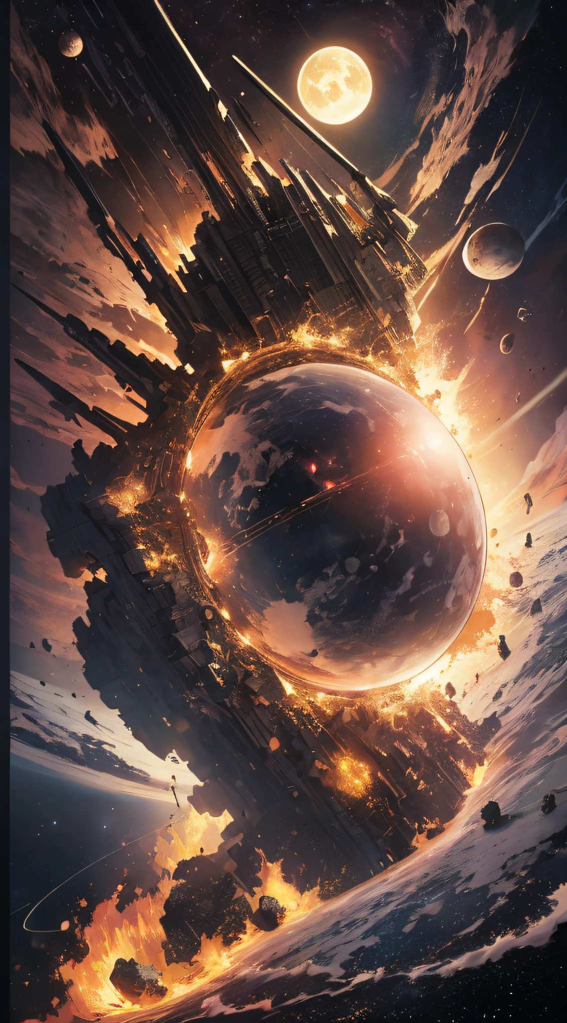 top-quality、Top image quality、masterpiece、masutepiece、Elaborate design、visualart、high contract、The best lighting、highestdetailed、Beautiful universe、Broken Earth、spaceships、black hole、Beautiful outer space、Distorted Moon、Exploding sun、Flowing stars々、tornado