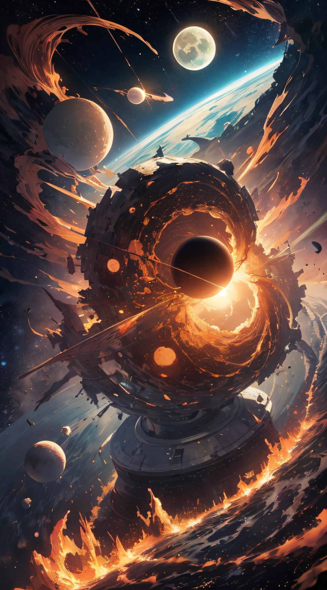top-quality、Top image quality、masterpiece、masutepiece、Elaborate design、visualart、high contract、The best lighting、highestdetailed、Beautiful universe、Broken Earth、spaceships、black hole、Beautiful outer space、Distorted Moon、Exploding sun、Flowing stars々、tornado