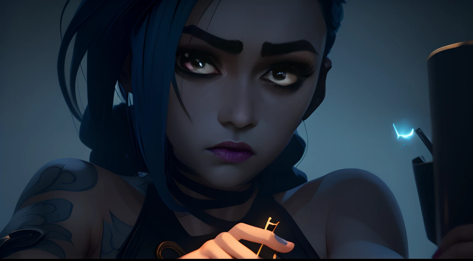 Jinx's character design, sexypose, Beautiful figure, Arcane's Jinx, Holding a sparkling and glowing box in his hands, Bright blue and purple sparks all around, glowing eyes, Pink glowing eyes, hairlong, hairsh, braided into long braids, Pigtails hang below the knee, Hair color changes from bright blue to navy blue, Dressed in brown breeches, Leather boots on the feet, Top with four gold circles on the chest in the middle of the chest, Blue cloud tattoos on shoulders and waist, Long bangs, hanging on the right side, Belt with cartridges on the belt, Arcane style, extremely detailed CG unity 8k wallpaper, detailed light, Cinematic lighting, chromatic aberration, glittering, expressionless, epic composition, dark in the background, Cherecter Desing, Very detailed, Detailed body, Vibrants, Detailed Face, sharp-focus, anime art, Vibrants, Detailed Face, Hugh Details, sharp-focus, Very drooping face, A detailed eye, super fine illustration, better shadow, finely detail, Beautiful detailed glow, Beautiful detailed, Extremely detailed, expressionless, epic composition,