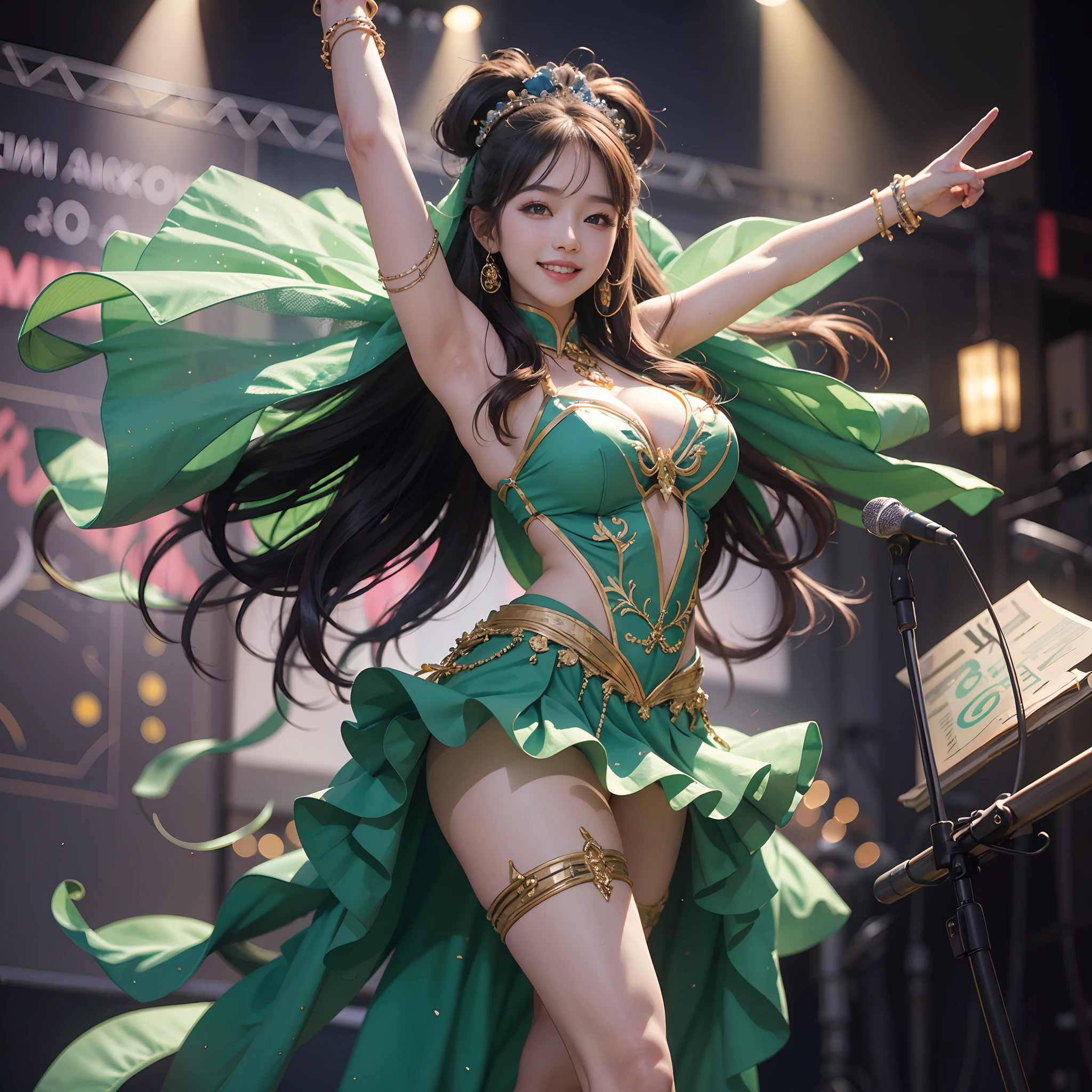8k, highest quality, high resolution, realistic, real person, live stage with a large audience, one girl, young and cute korean idol, ((KARA)), big, long and beautiful legs, dancing violently in various poses while smiling on stage, holding microphone in hand, revealing gorgeous costume, beautiful light up