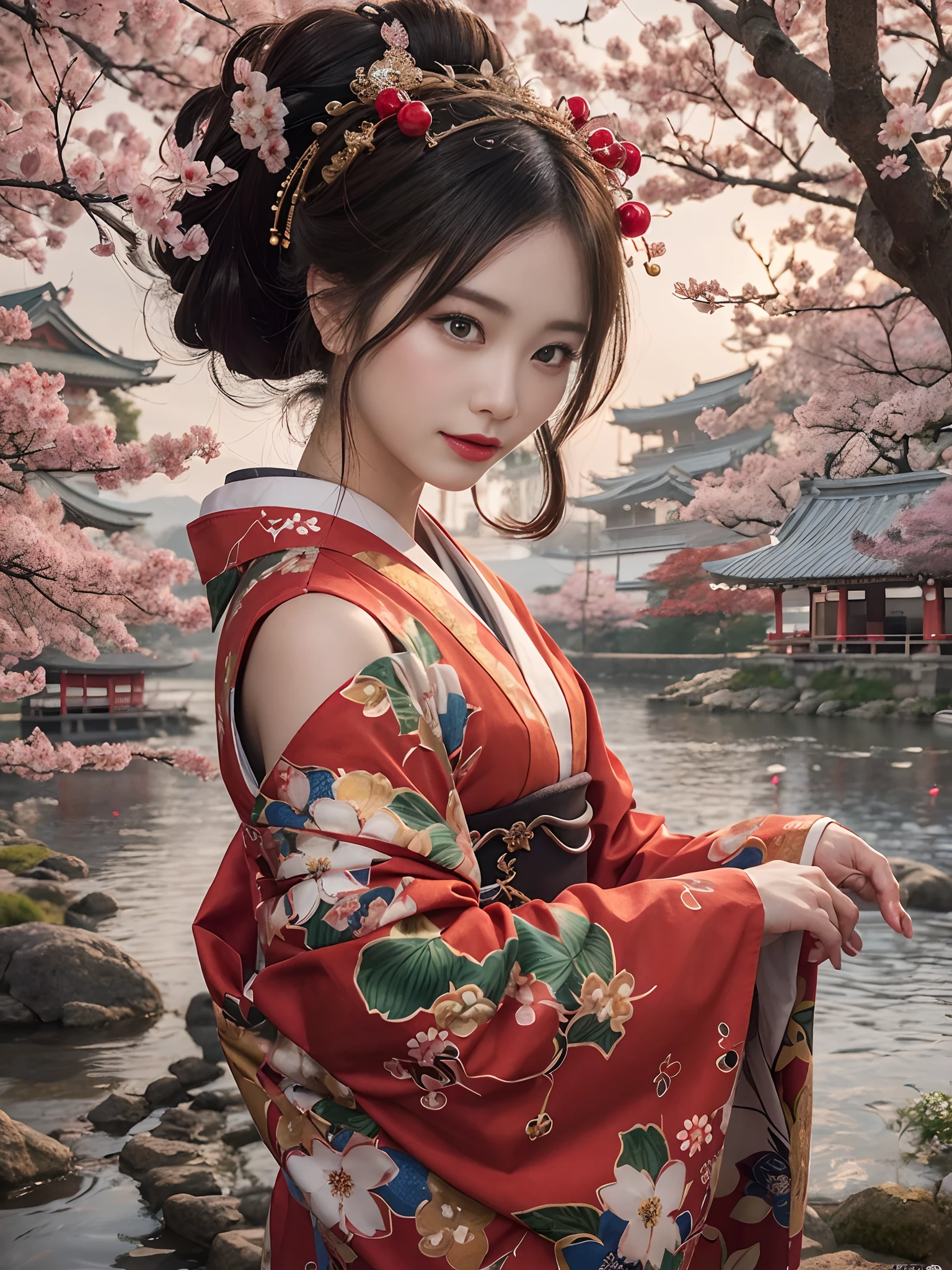In a futuristic scene, Geisha in Japan with mechanical reinforcement、Elegant in elaborate gardens. She has beautifully detailed eyes and lips that complement her face. Geishas wear traditional kimonos with intricate patterns and designs. Around her are bright cherry trees and a quiet carp pond. The scene is painted with a blend of illustration and photorealism, Ultra-detailed brush strokes and clarity, Vivid colors. Lighting emphasizes the elegant features of the geisha, Gives her porcelain skin a soft glow. Artwork is of the highest quality, 4K or 8K resolution, Showcase the intricate details of geisha attire, cherry trees, And the shimmering scales of carp. The overall color scheme is、It is a combination of traditional shades of Japan, Crimson, etc., blacks, and subtle gold accents, With a futuristic twist. The fusion of ancient traditions and modern technology is、Create captivating and visually striking masterpieces.shoulders are exposed, Chest is visible、You can see the valley、are visible、Shoulders exposed、Chest revealed、(shoulders are exposed), Chest is visible、You can see the valley、are visible、Shoulders exposed、Chest revealed、(Off-shoulder style)
