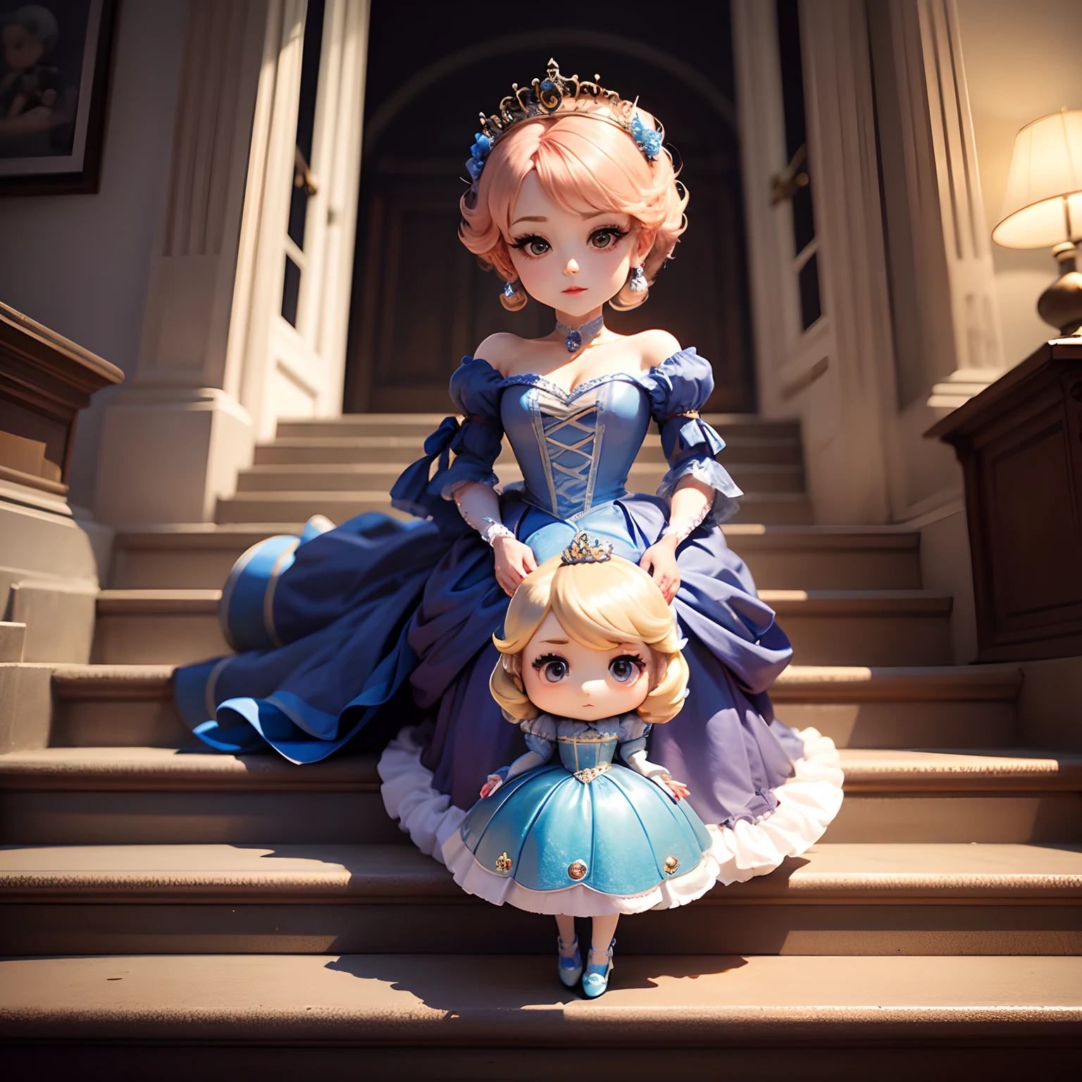 masterpiece、top-quality、ultra-detailliert、(Chibi Cinderella:1.2)、(Chibi Prince:1.2)、Stairs of the French Royal Palace、12 o'clock position、run、(Glass high heels throw away:1.3)