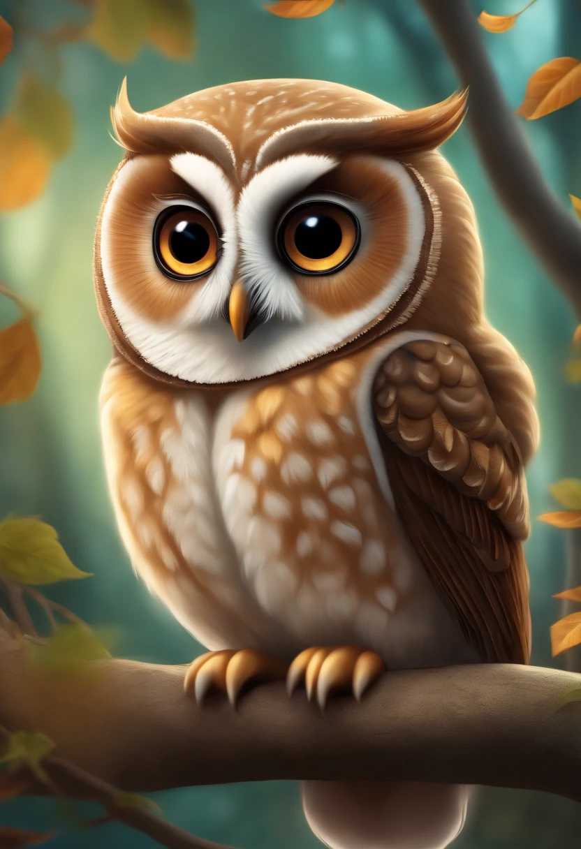 owl,childrens book illustration,brunette,beautiful detailed eyes,beautiful detailed lips,extremely detailed eyes and face,long eyelashes,(best quality,4k,8k,highres,masterpiece:1.2),ultra-detailed,(realistic,photorealistic,photo-realistic:1.37),vivid colors,soft pastel tones,ethereal lighting,playful scene,happy children,peaceful forest setting,cute animals,storybook,whimsical attire,enchanted atmosphere,tree branches and leaves,lively imagination.