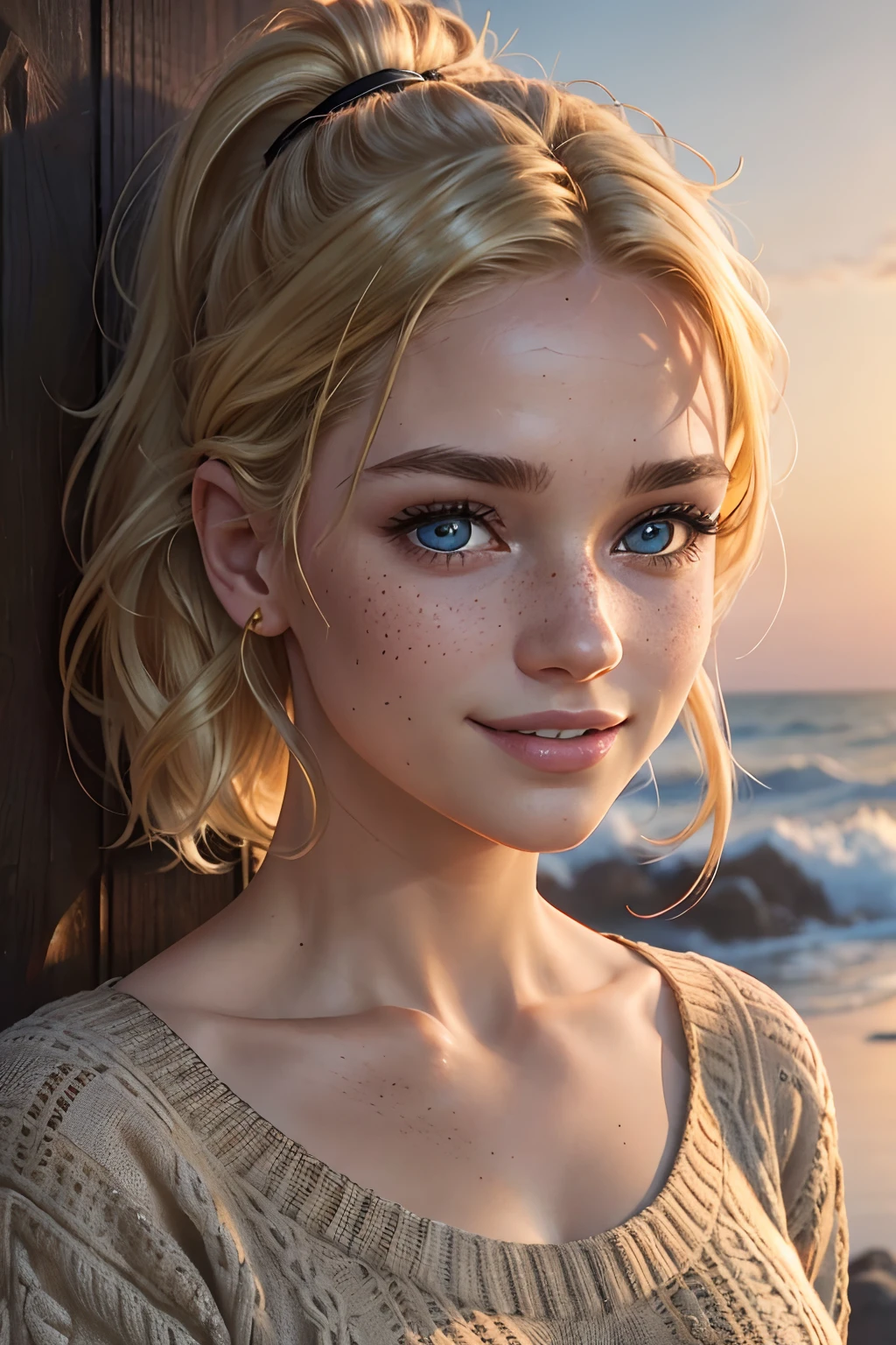Best Quality, Ultra High Definition, (Photorealistic:1.4),Sunset Light, Ponytail, australian Women, Detailed Photo, Smiling, Sexy, Freckles, Black Low Cut Blouse, Facing Camera, Close-up (Masterpiece: 1.3), (8K, Photorealistic, Best Quality: 1.4), (1girl), Beautiful Face, (Realistic Face), (Blonde Hair, Short Hair: 1.3), Beautiful Hairstyle, Realistic eyes, beautiful detail eyes, (realistic skin), beautiful skin, (sweater), absurd, attractive, ultra high resolution, ultra realistic, high definition, golden ratio