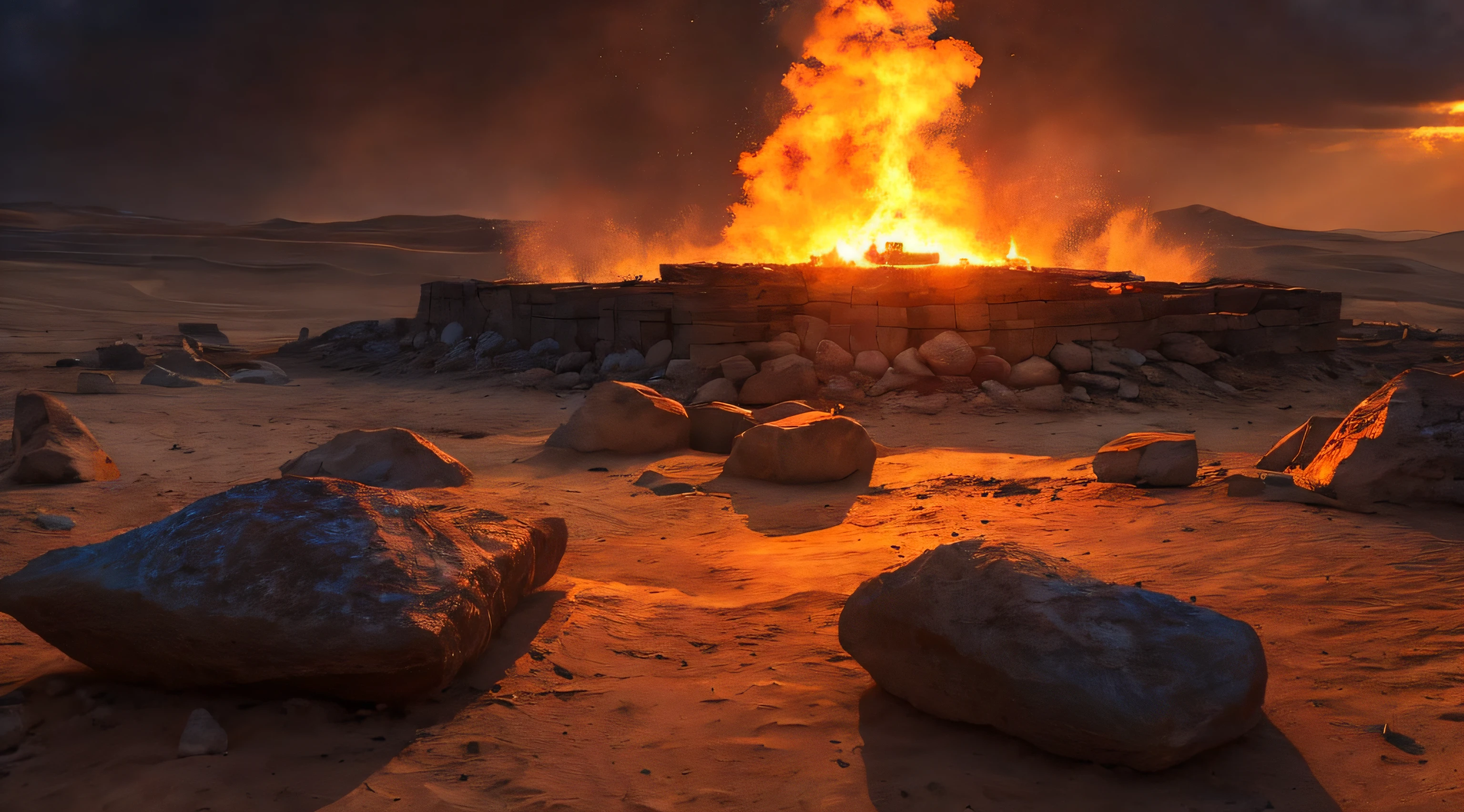 Ancient Israel、1 epoch ago、Animal sacrifice burning on the altar、Behind the priest、Wasteland、in 8K、Raw photography、top-quality、masterpiece:1.5、ultra-lightweighthigh-resolution、Photorealsitic:1.5、ciinematic light、soft volumetric lighting:1.5、realisitic、Photorealsitic:1、Detailed skin、profetional lighting、a picture、foco nítido、detaileds、profetional lighting、photon maping、detailed and intricate environment、ighly detailed、top-quality、Artistic photography、photorrealistic concept art、soft natural volumetric cinematic perfect light、Midjourney、Detailed hand、