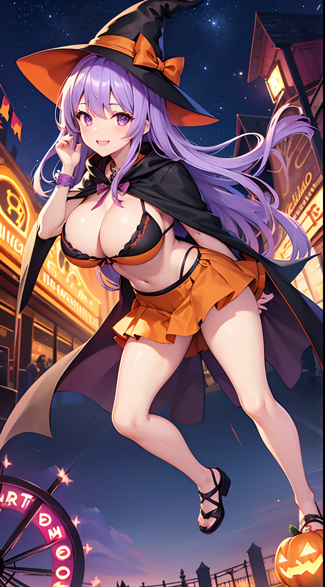 1 girl, game CG, orange bikini, orange short skirt, black witch hat, cloak, hair ribbon, gigantic breasts, light purple hair, long hair, french braid, purple eyes, smile, one arm raised, night, amusement park, Halloween background,