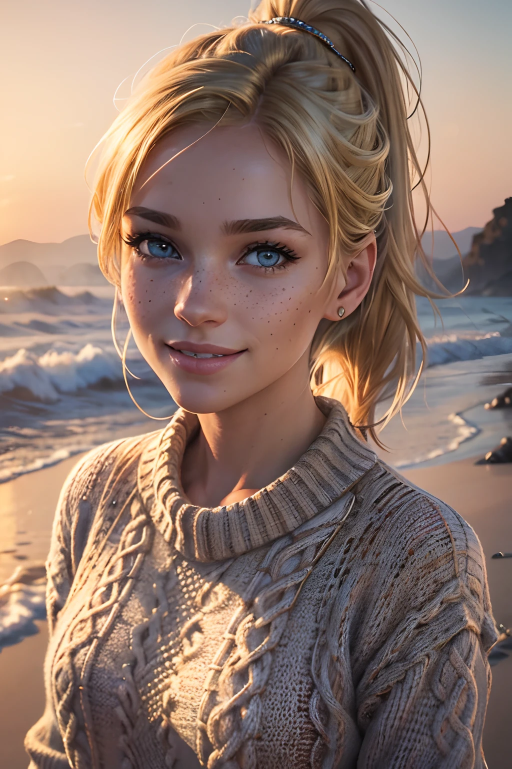 Best Quality, Ultra High Definition, (Photorealistic:1.4),Sunset Light, Ponytail, australian Women, Detailed Photo, Smiling, Sexy, Freckles, Facing Camera, Close-up (Masterpiece: 1.3), (8K, Photorealistic, Best Quality: 1.4), (1girl), Beautiful Face, (Realistic Face), (Blonde Hair, Short Hair: 1.3), Beautiful Hairstyle, Realistic eyes, beautiful detail eyes, (realistic skin), beautiful skin, (loosely knitted wide holed sweater), absurd, attractive, ultra high resolution, ultra realistic, high definition, golden ratio