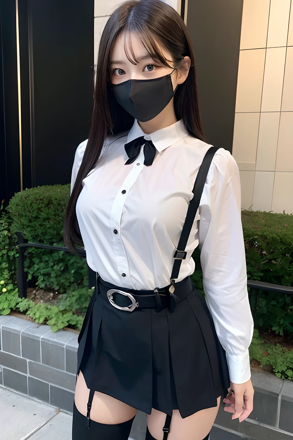 masterpiece、top-quality、The ultra -The high-definition、、colourfull、flat-colors、depth of fields、lens flare 1 girl、、A dark-haired、watching at viewers Cutter shirt a belt suspenders working adults materia OL Black Suit Black jacket glares huge-breasted a miniskirt garterbelts knee high Stockings Black Neeso Mask Rat-colored eyes