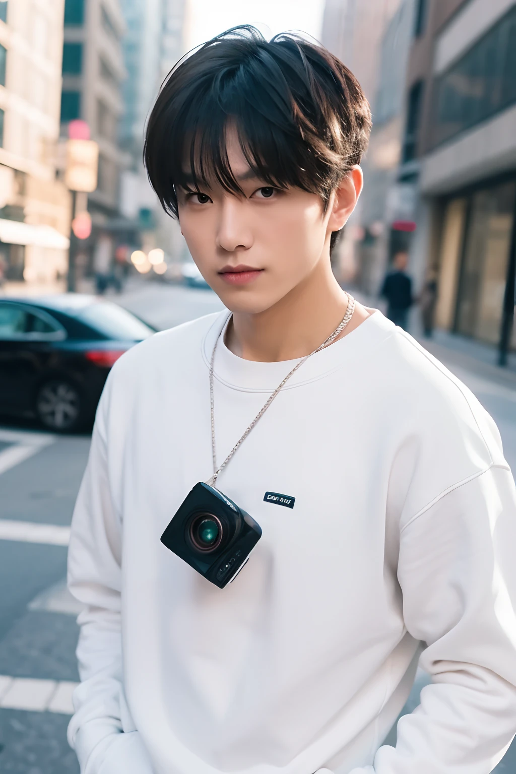 Handsome man in a white sweatshirt，Street photography，Business suit，individuality。SLR camera，8K，depth of fields。