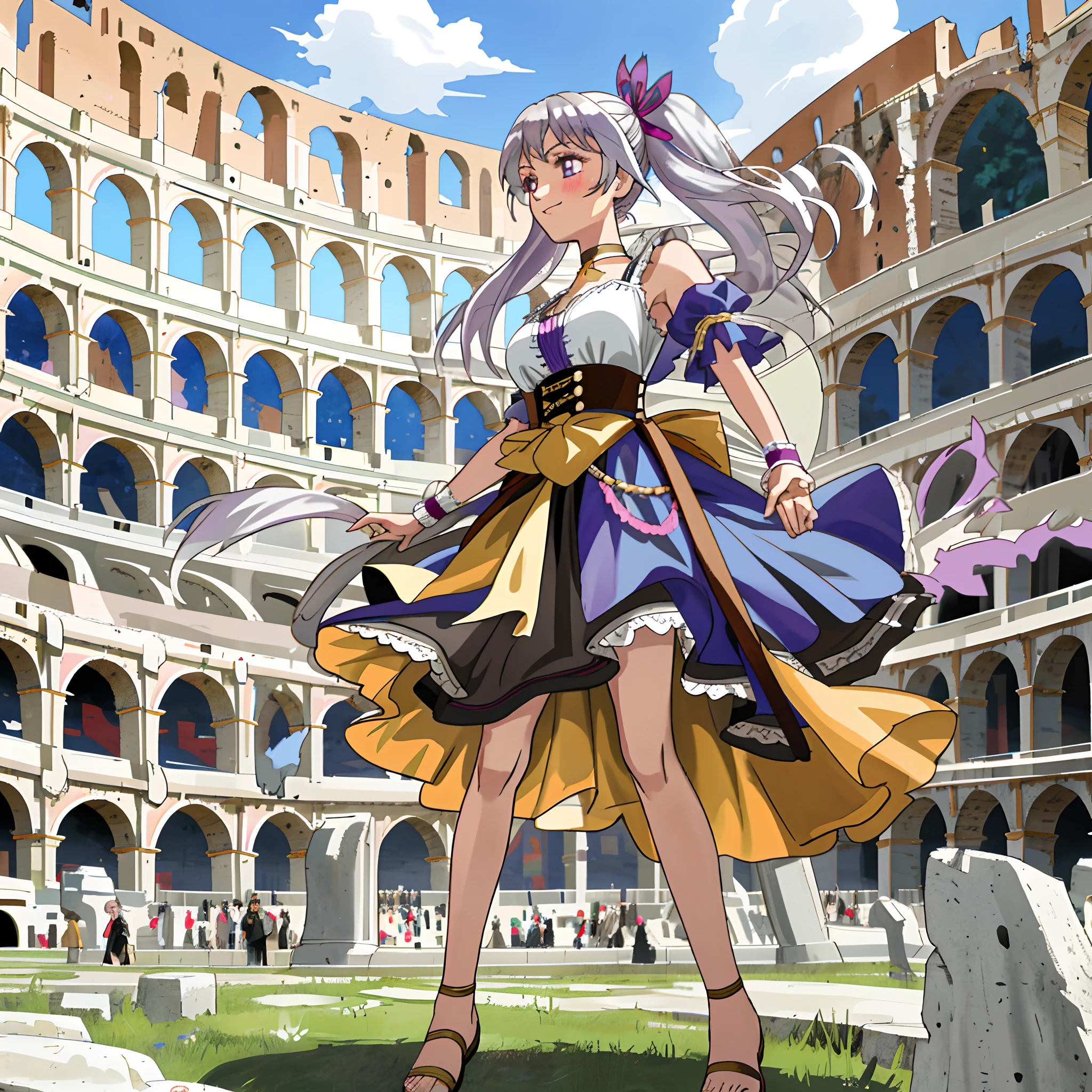 Colorful, Up-close, Silvery hair, Ultra-realistic hair quality, Vibrant colors, Young Girl, 14years old girl, Beautiful long hair, Shiny hair, detailed hairs, Hair Ribbon, Twin-tailed, Noelle Silva, no sleeves, Sleeveless, Open shoulders, Cinderella Costume, pannier, Dress, Lace dress, long-one-piece dress, Chest exposure, Lace underwear, Metamorphosis is exposed, Choker, Black Choker, complete fingers, Five Fingers, Two arms, Two hands, The tattoo, body tattoo, arm tattoos, Blue Rose Tattoo, Tattoo on the wrist, Tattoo on the thigh, white stockings, Sandals, gladiator sandals, Long sandals, Bare legged, garterbelts,Relative area, Sexy breasts, Big breasts, red blush, 1girl in, Solo, Sharp face, pale purple eyes, Bare neck, Happy face, lightsmile, Skirt in dress, Panniers in dresses, Torn dress, Tattered Dress, China, castle, Kingdom, Beautiful sky, shining sky, Roman Colosseum, Ancient Roman Arena, Colosseum stage in Rome, Stand in the Colosseum.