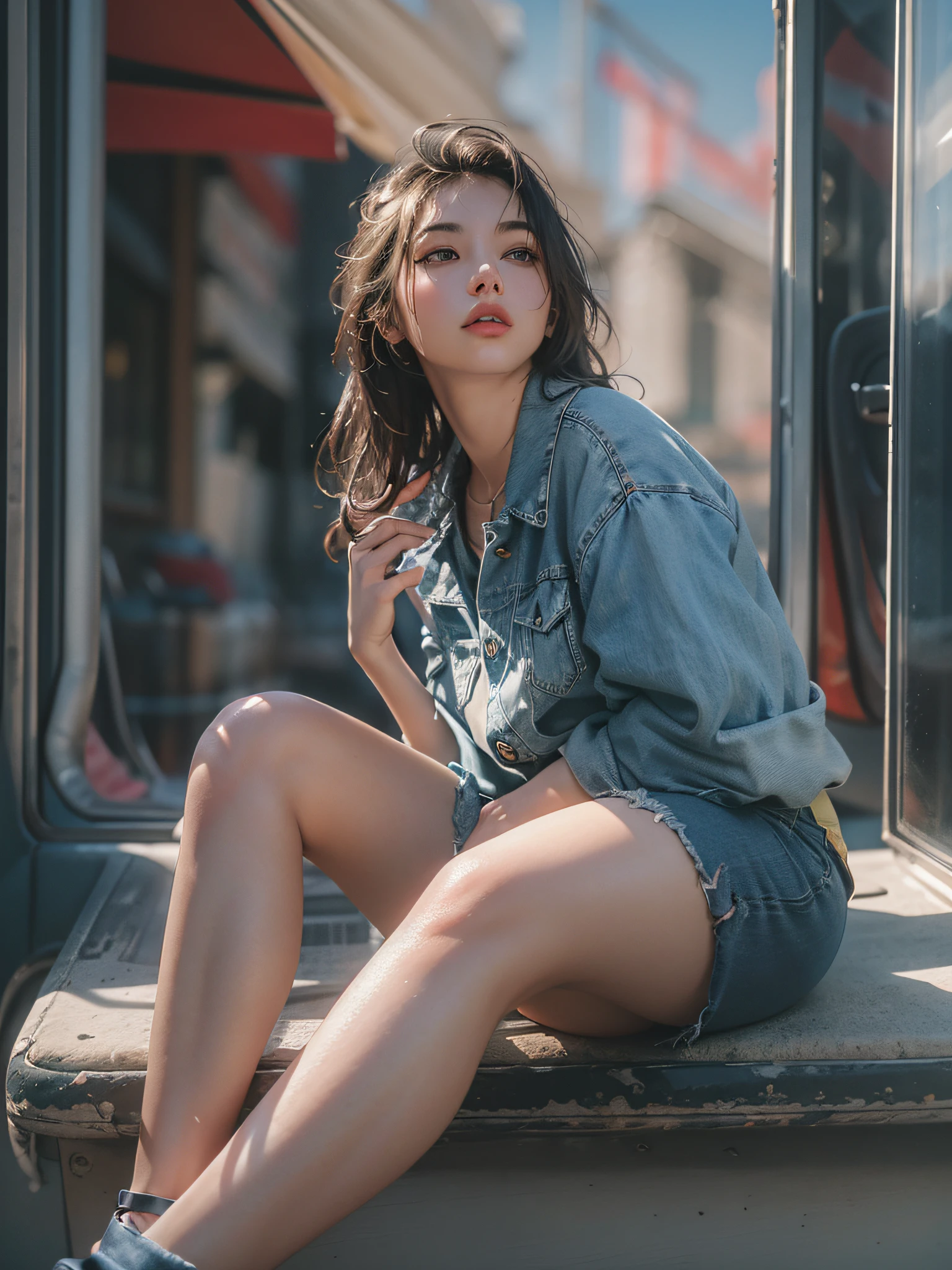 (RAW photo, 4k, masterpiece, high resolution, extremely complex) (realistic: 1.4), cinematic lighting 1 girl, single focus, summer noon, hot, 1990s \ (style), denim lens, interior