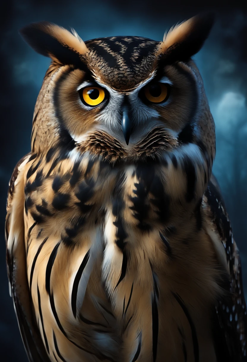owl,brunette,2d,(best quality,4k,8k,highres,masterpiece:1.2),ultra-detailed,(realistic,photorealistic,photo-realistic:1.37),illustration,night scene,detailed feathers,beautiful eyes,majestic,moonlit,starlit sky,peaceful,quiet,hushed,subtle colors,dark shades,sharp focus,soft highlights,serene,calm shadowing,dreamlike,meticulous lines,straight posture,pointed beak,bushy eyebrows,perched on a tree branch,elaborate patterns,nature,branches framing the owl,ethereal glow,curious gaze,long talons,intricate textures,aura of mystery,magic in the air,deep blues and purples,depth of field,powerful presence