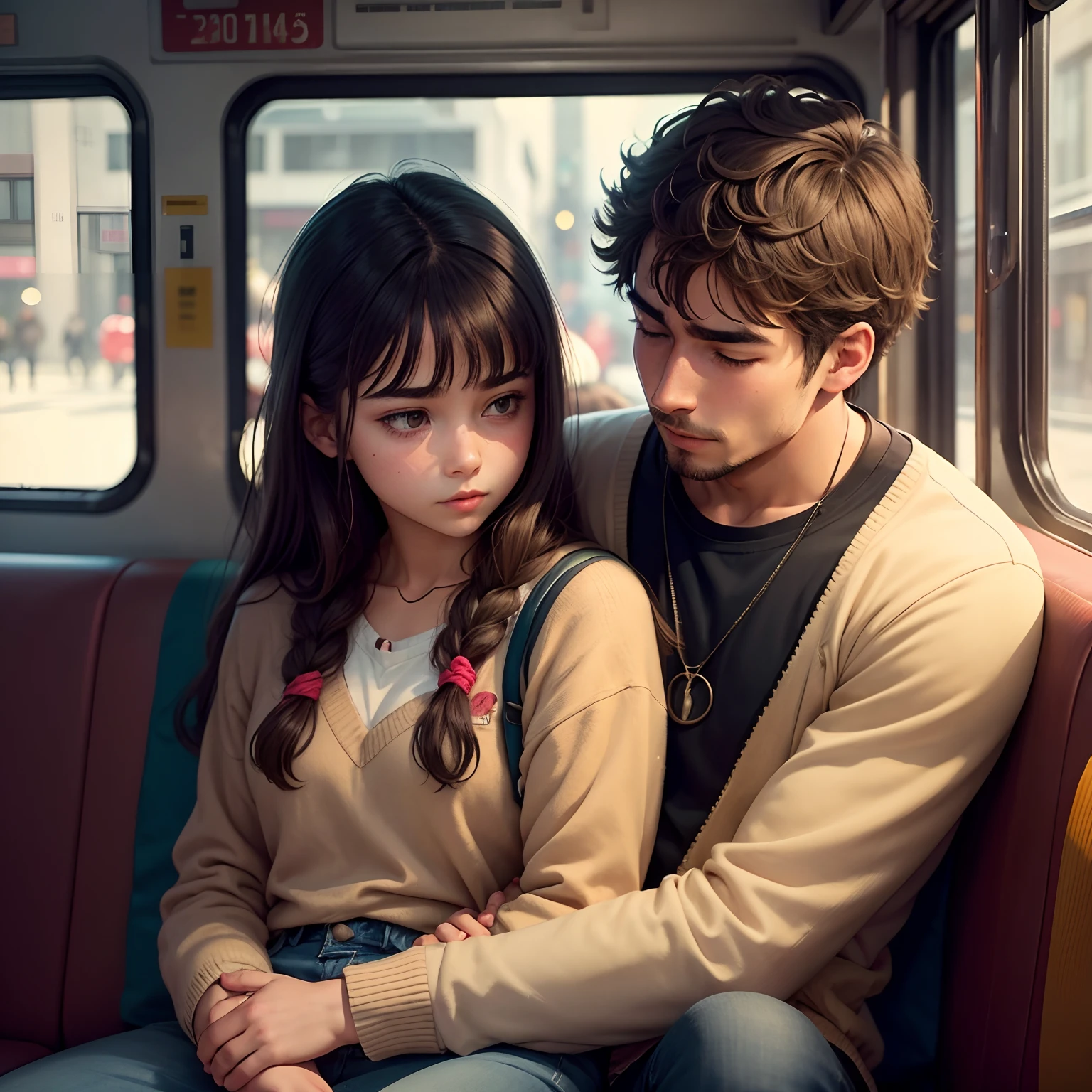 A man stands behind a girl, A man snuggles up to a girl, bus